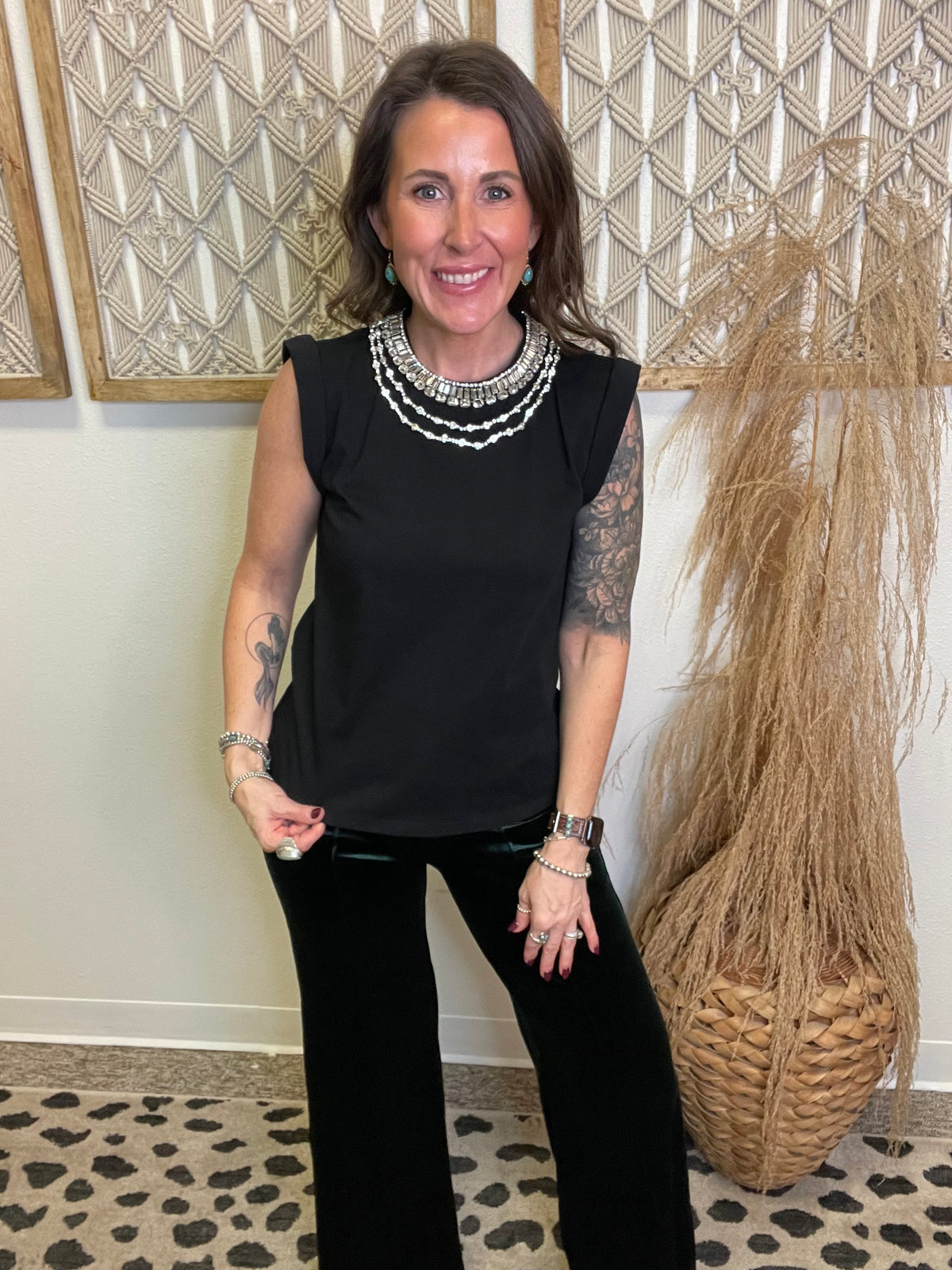 Elan Rhinestone Neck Sleeveless Top-Black-Tank Tops-elan-The Silo Boutique, Women's Fashion Boutique Located in Warren and Grand Forks North Dakota