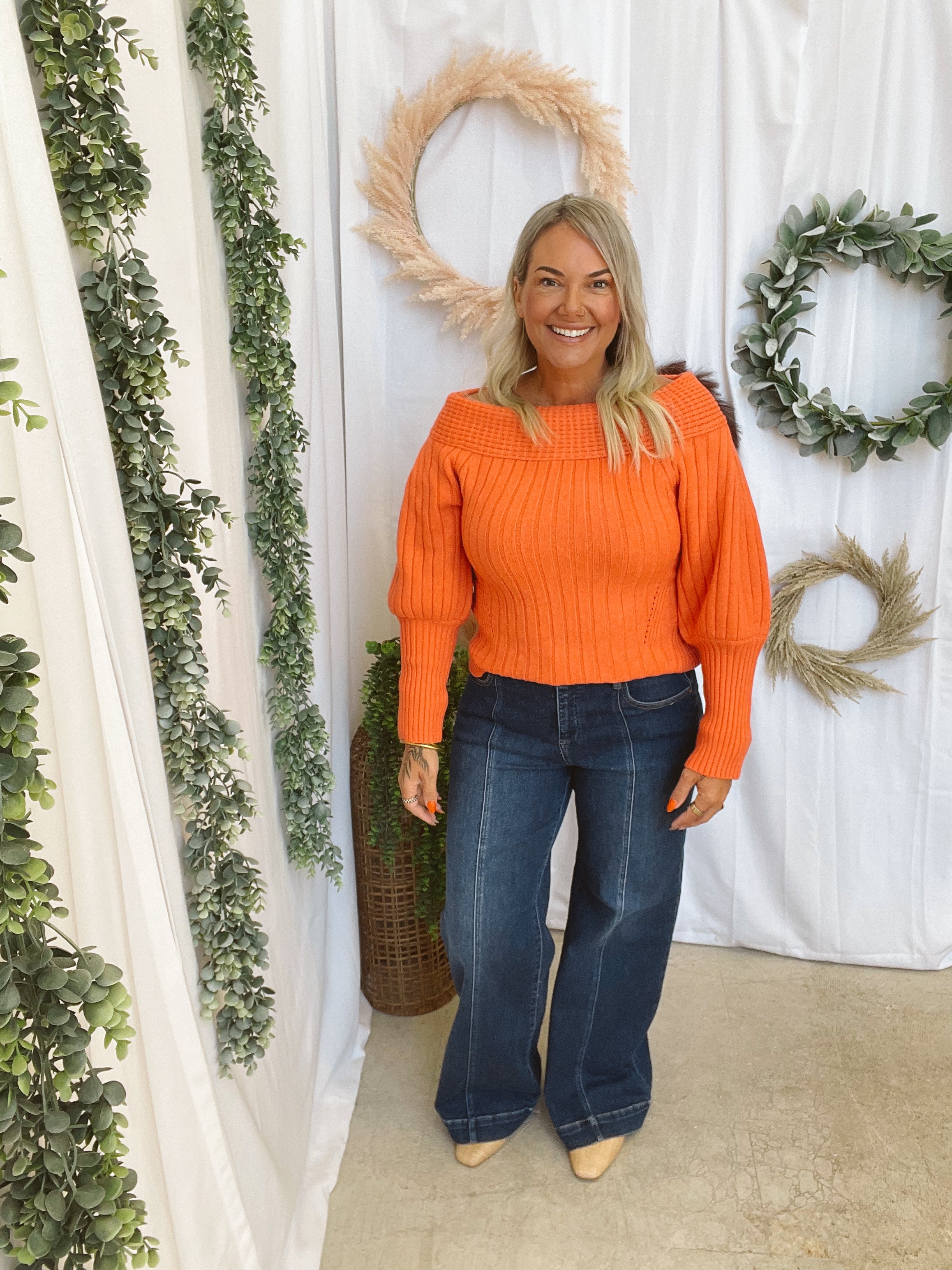 Snowie Off The Shoulder Sweater-Tomato-Sweaters-cotierra-The Silo Boutique, Women's Fashion Boutique Located in Warren and Grand Forks North Dakota