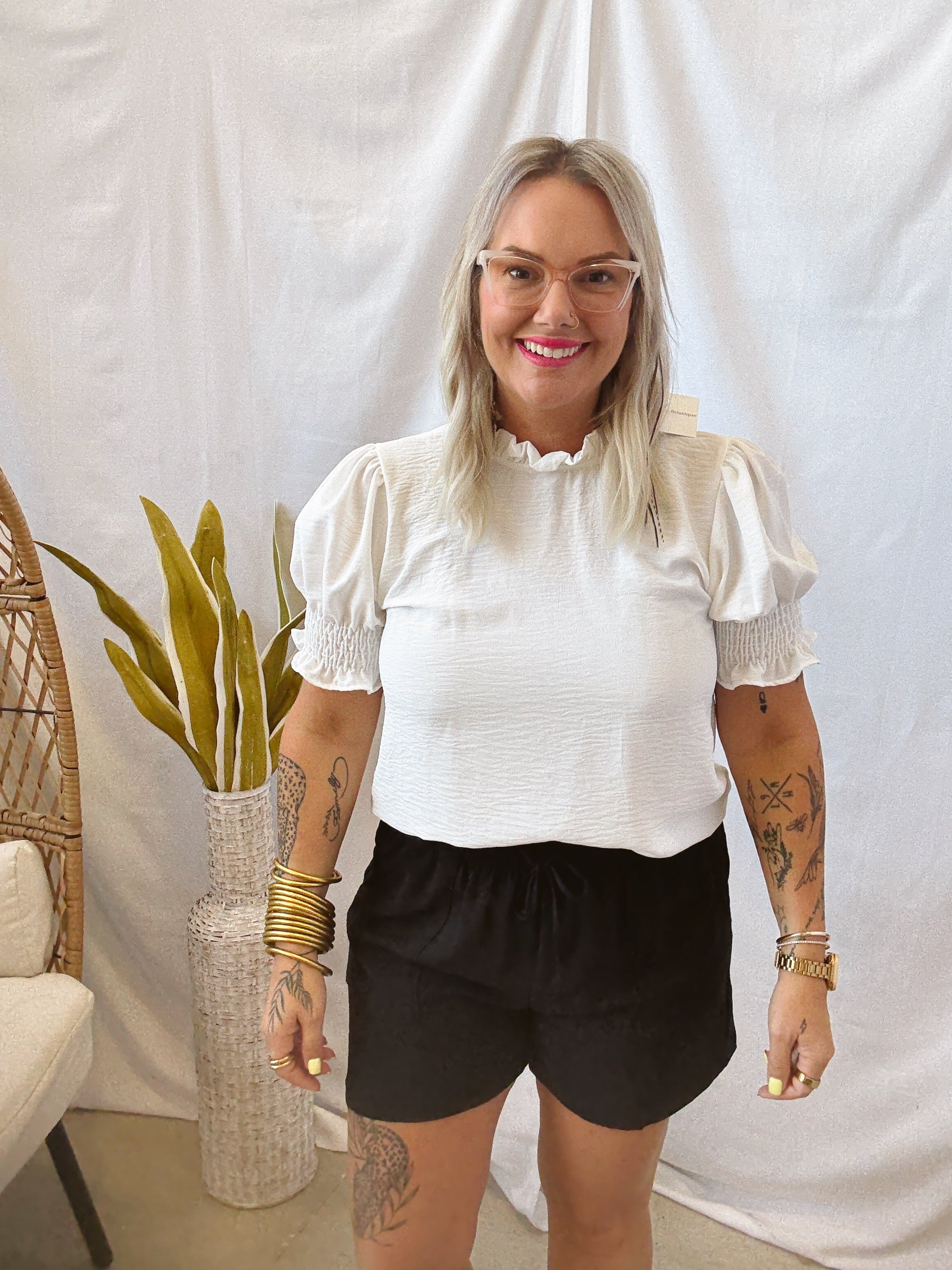 Leslie Solid Ruffle Neck Top-White-Short Sleeve Tops-les amis-The Silo Boutique, Women's Fashion Boutique Located in Warren and Grand Forks North Dakota