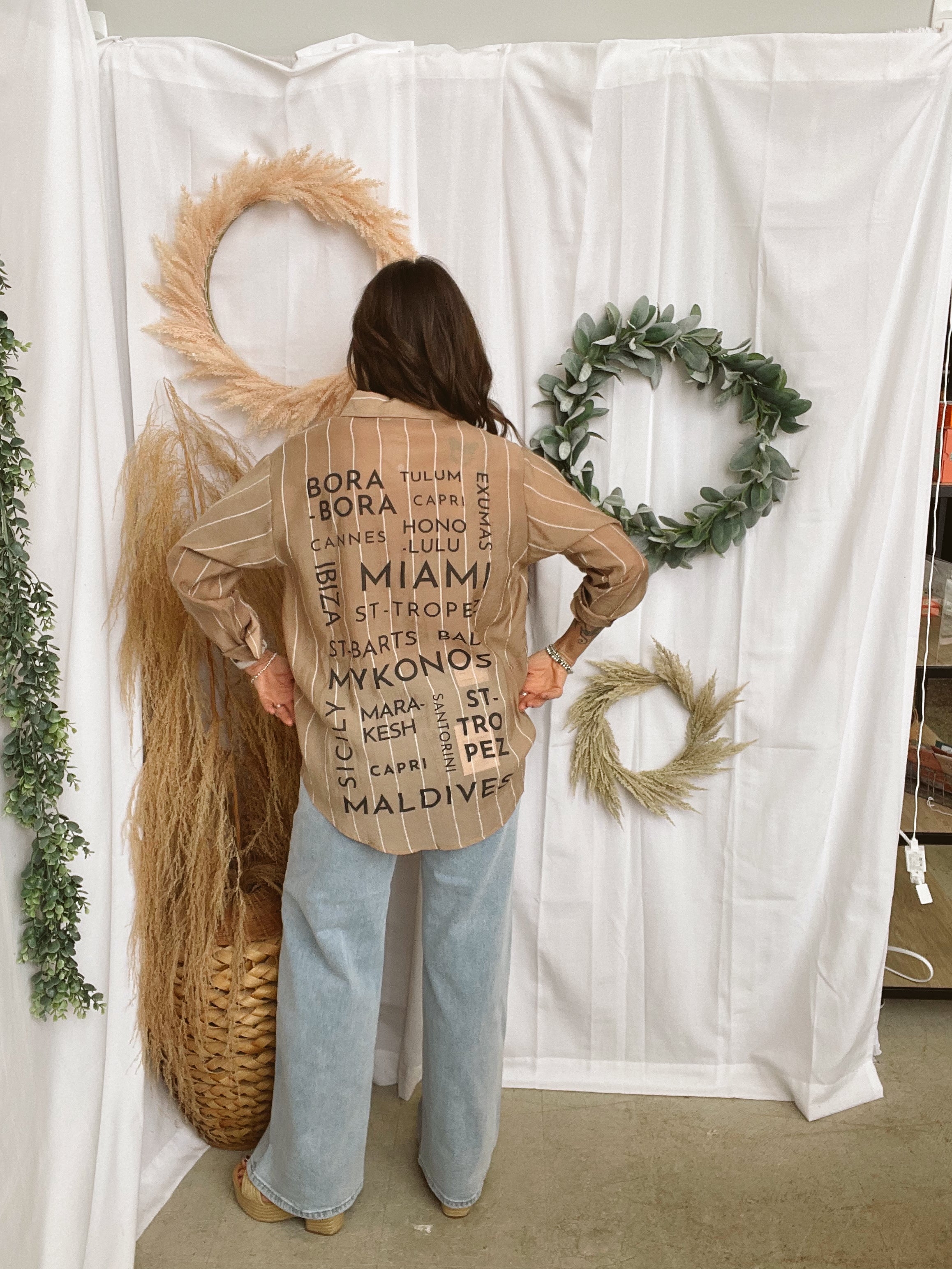 Elan Button Down Tropical Tan Top-Long Sleeve Tops-elan-The Silo Boutique, Women's Fashion Boutique Located in Warren and Grand Forks North Dakota