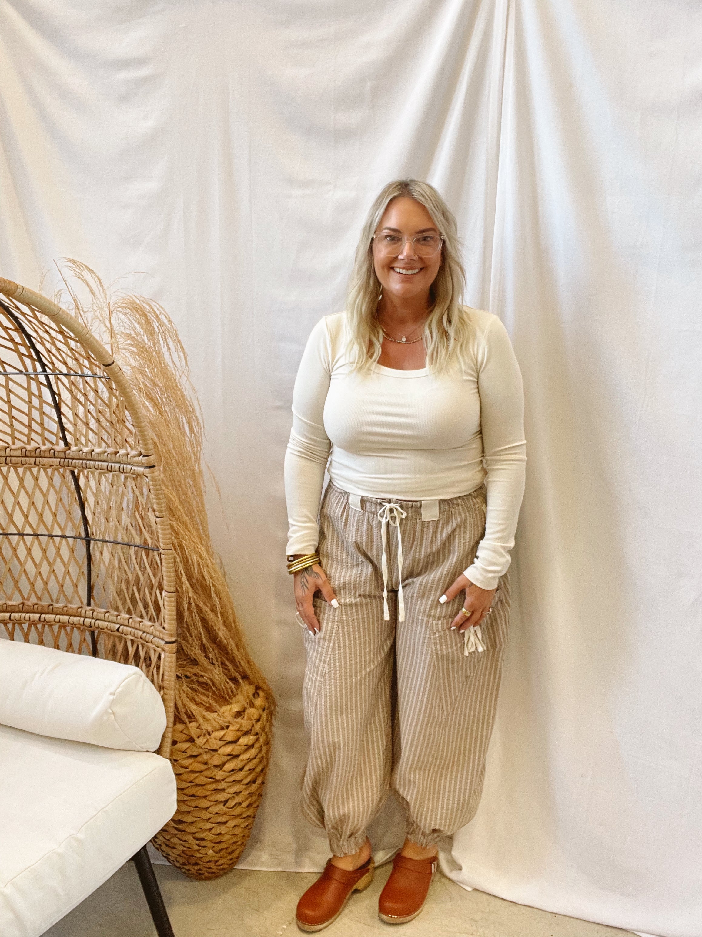 Tan Striped Drawstring Jogger Pants-joggers-eesome-The Silo Boutique, Women's Fashion Boutique Located in Warren and Grand Forks North Dakota
