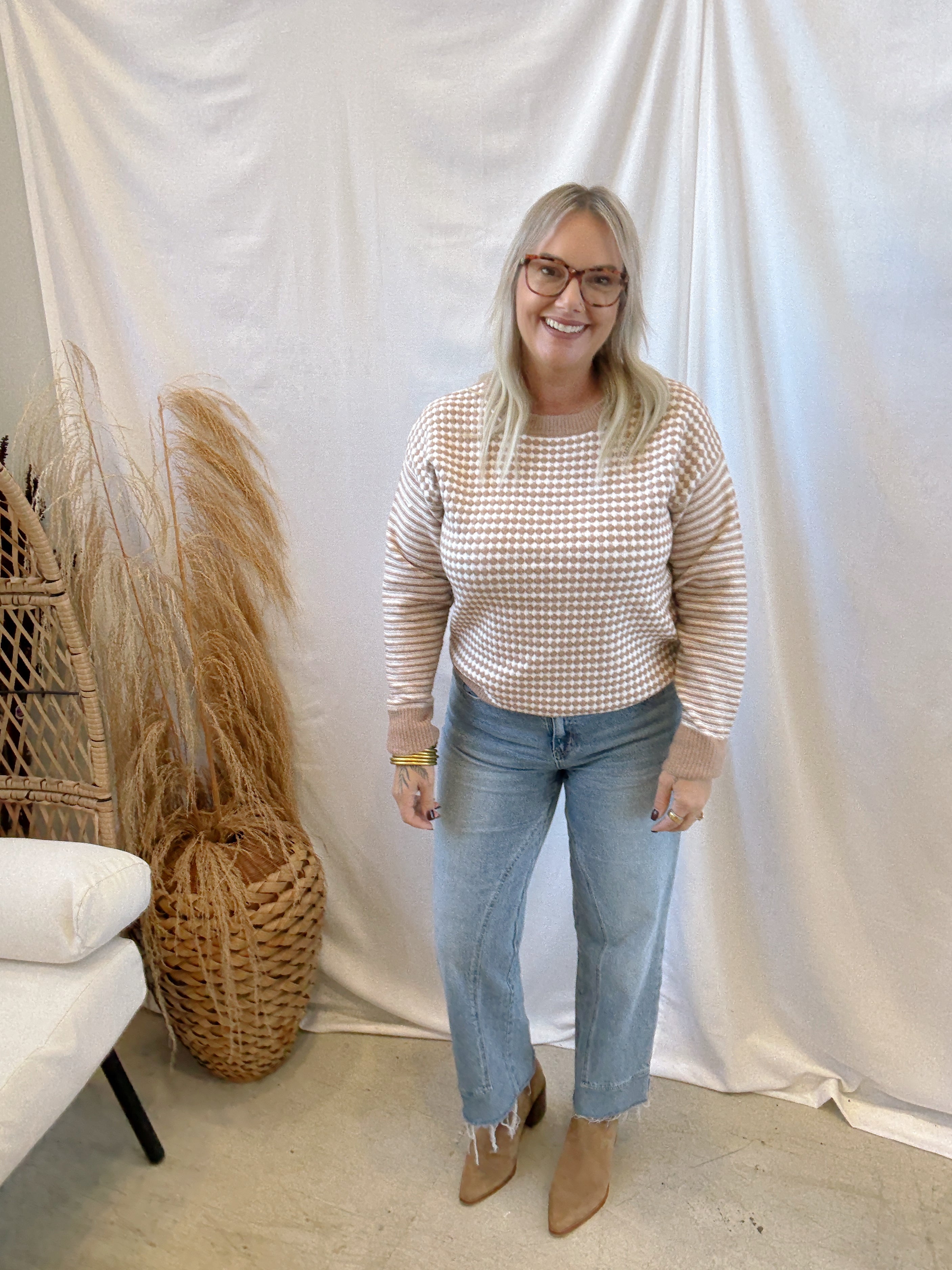 Taupe Checker Sweater-Sweaters-stacatto-The Silo Boutique, Women's Fashion Boutique Located in Warren and Grand Forks North Dakota