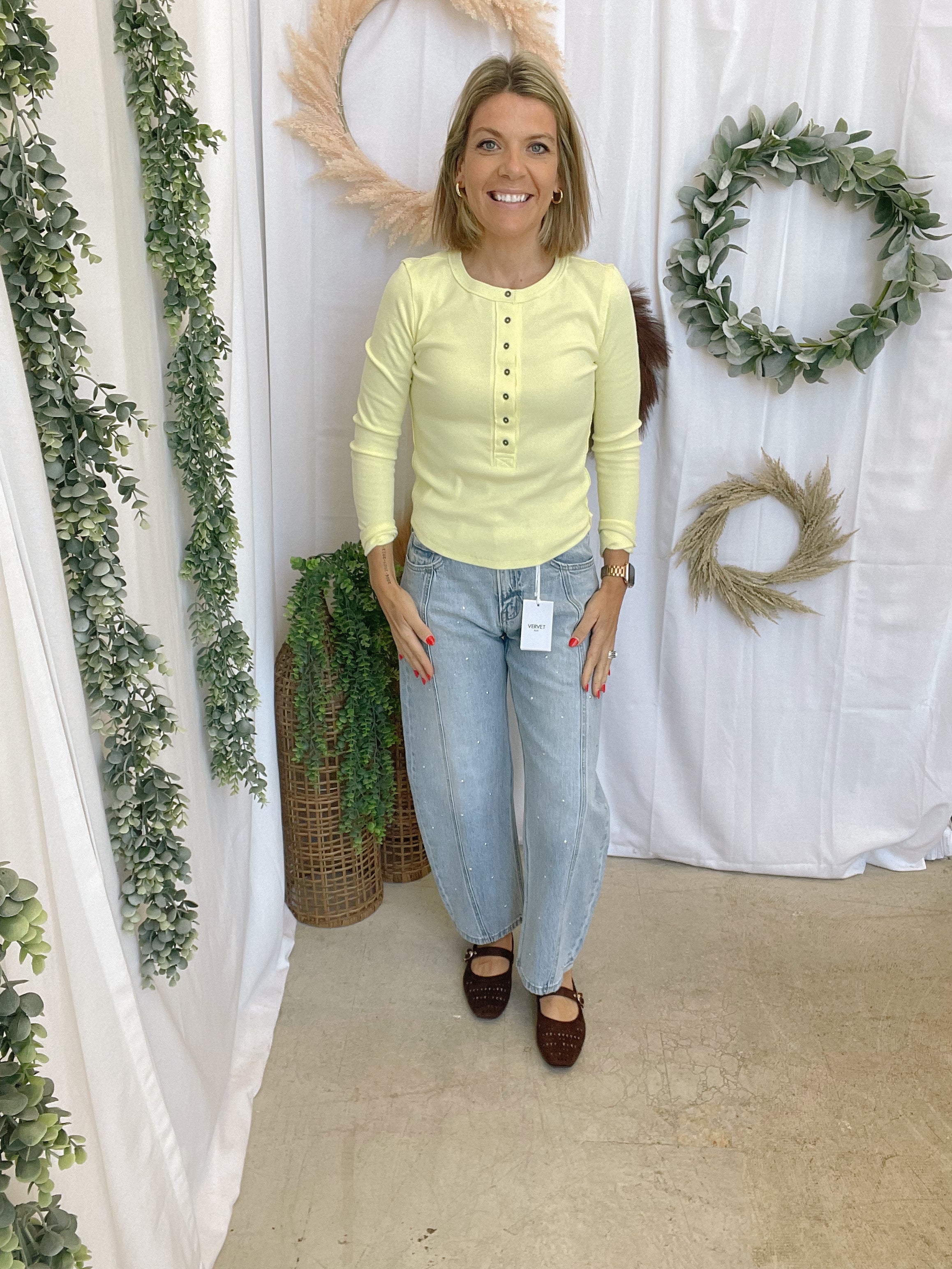 Cotierra Henley Button Top-Lemon-Long Sleeve Tops-cotierra-The Silo Boutique, Women's Fashion Boutique Located in Warren and Grand Forks North Dakota