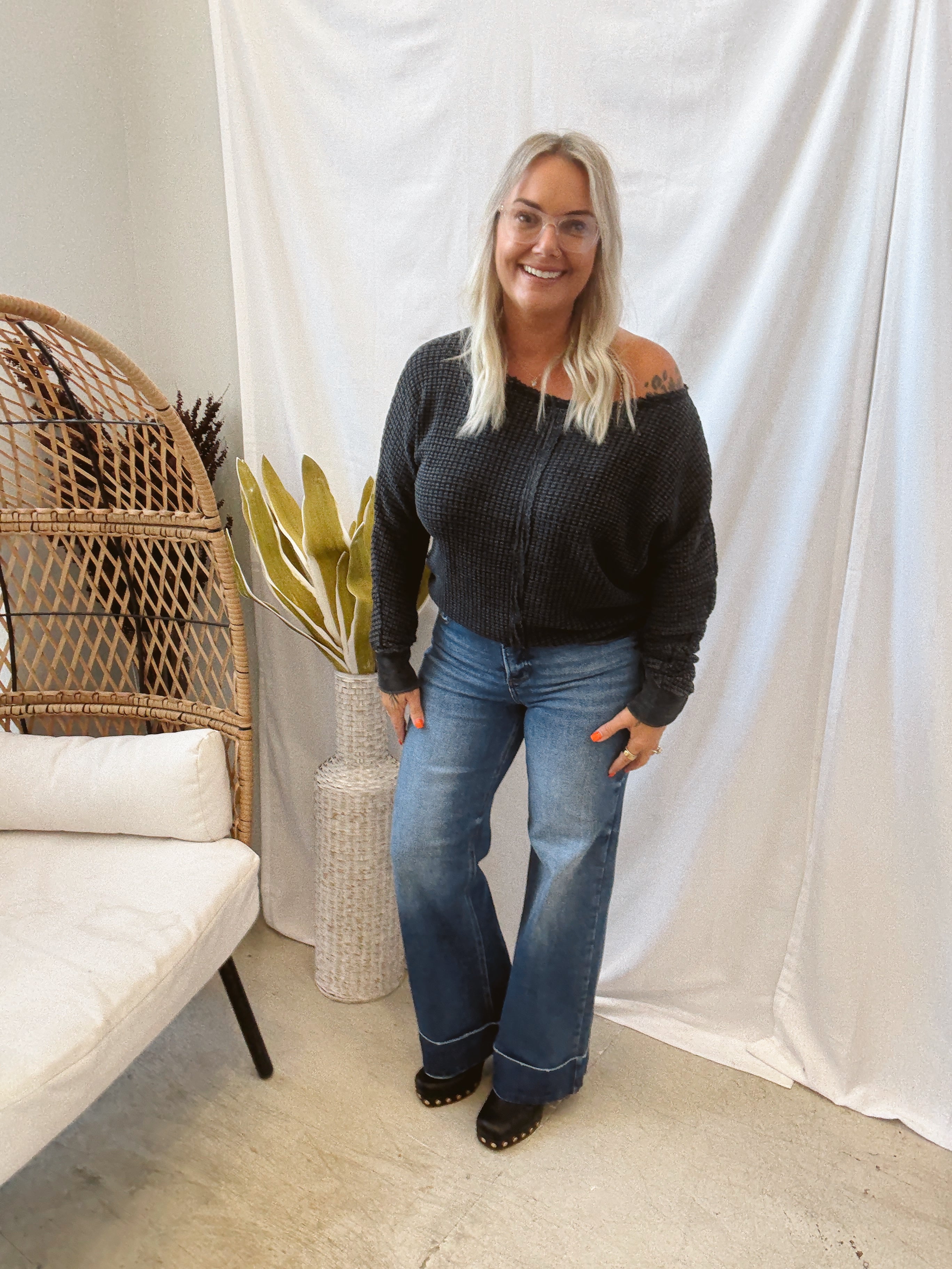 Risen Wide Leg Cuff Jeans-Jeans-risen-The Silo Boutique, Women's Fashion Boutique Located in Warren and Grand Forks North Dakota