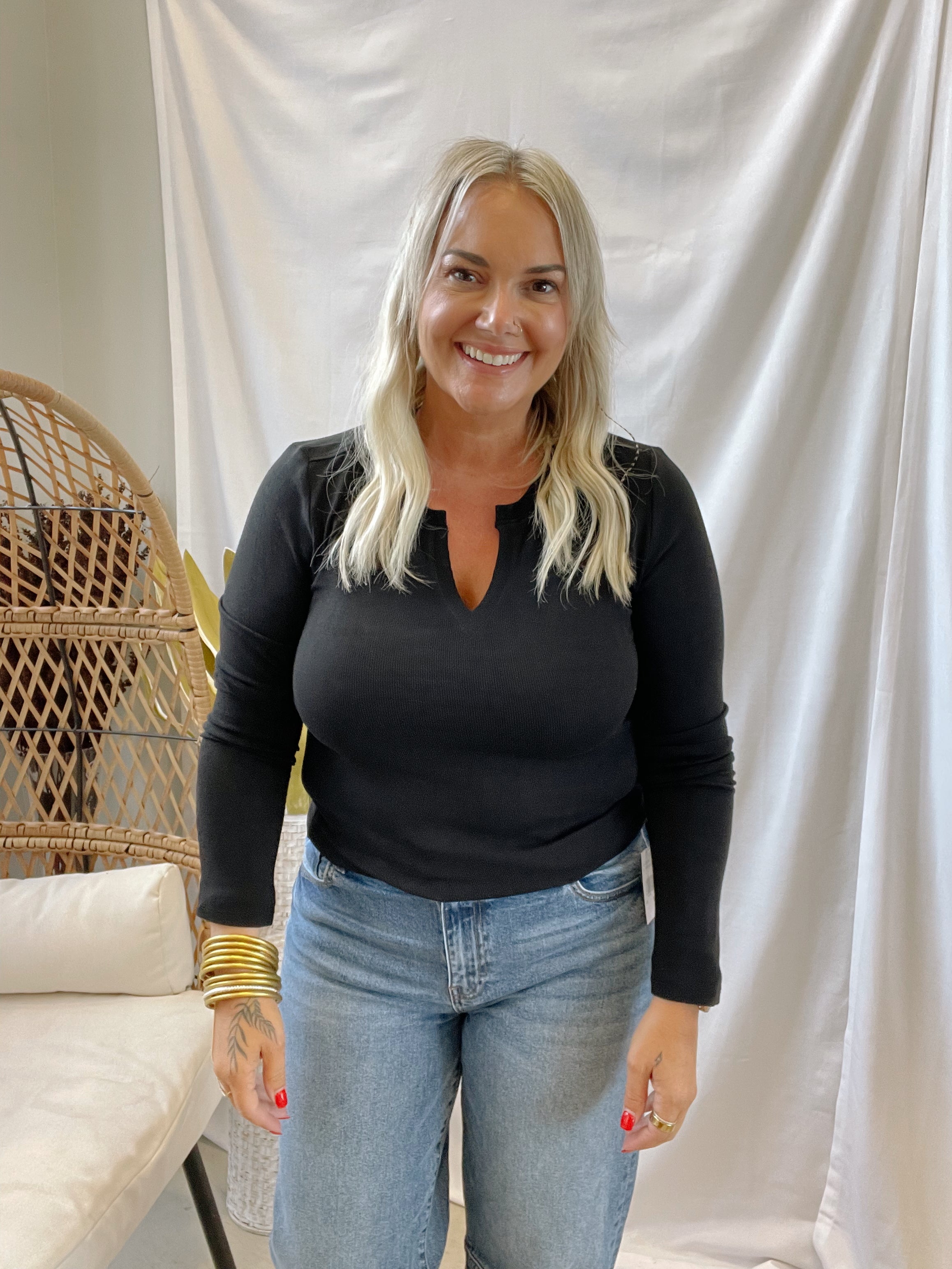 Be Cool Notched V Neck Long Sleeve Top-Long Sleeve Tops-be cool-The Silo Boutique, Women's Fashion Boutique Located in Warren and Grand Forks North Dakota