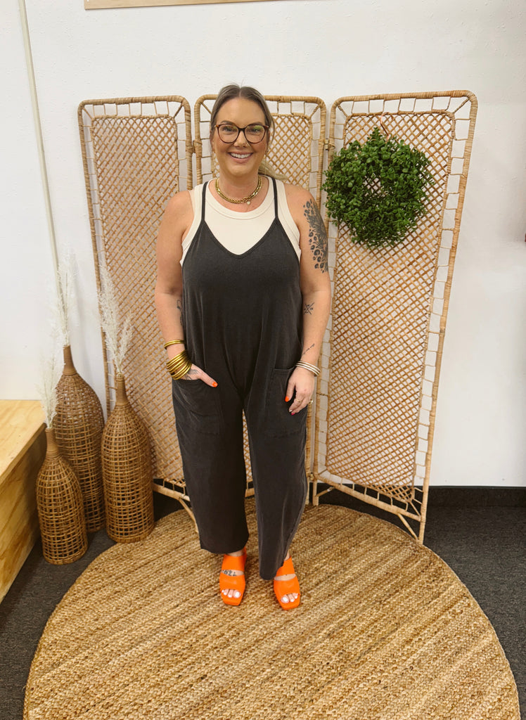 Charcoal Comfy Jumpsuit-Jumpsuits & Rompers-pologram-The Silo Boutique, Women's Fashion Boutique Located in Warren and Grand Forks North Dakota