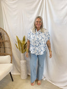 Blue Floral Mix Button Down Top-Short Sleeve Tops-Umgee-The Silo Boutique, Women's Fashion Boutique Located in Warren and Grand Forks North Dakota