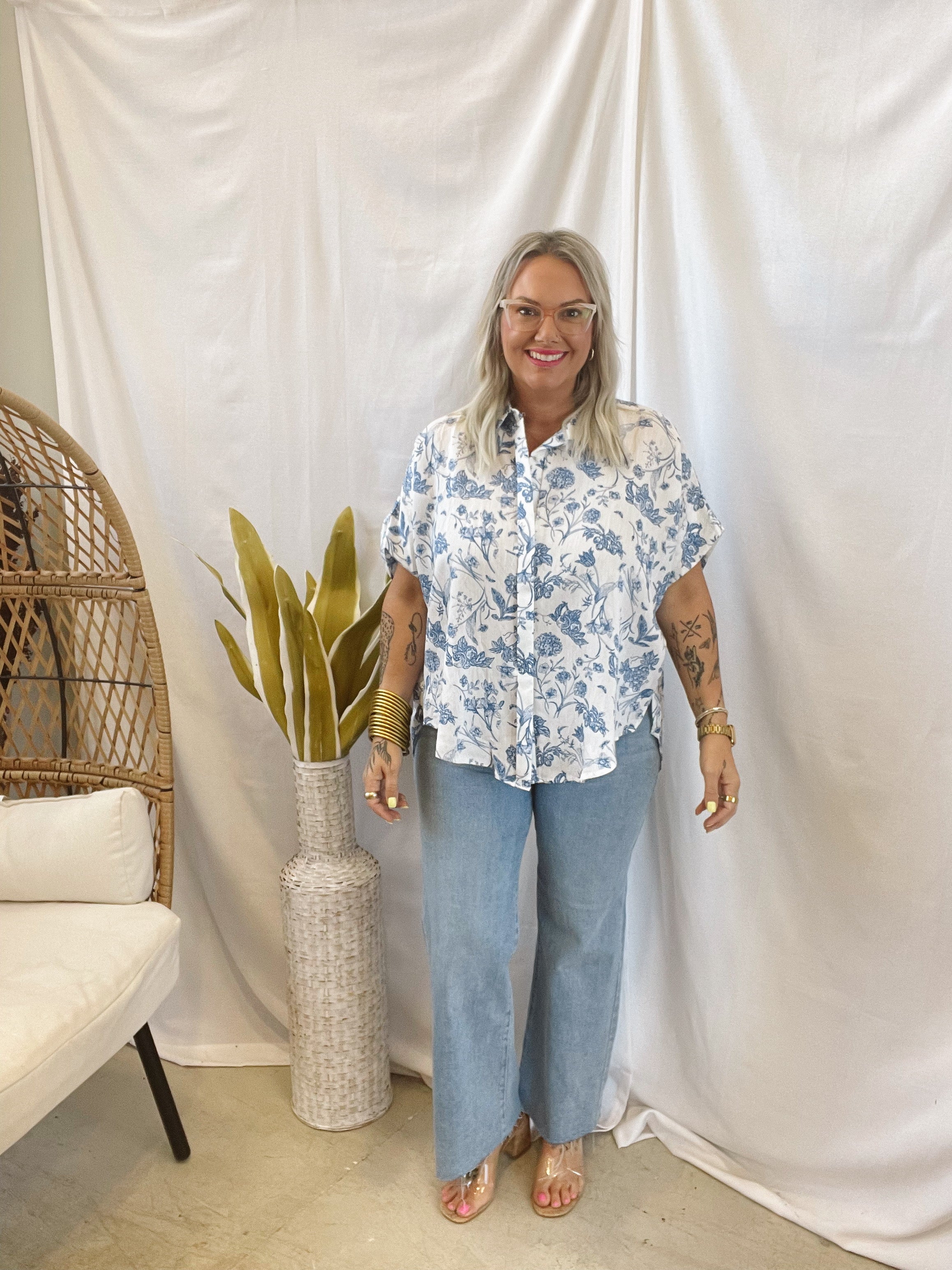 Blue Floral Mix Button Down Top-Short Sleeve Tops-Umgee-The Silo Boutique, Women's Fashion Boutique Located in Warren and Grand Forks North Dakota