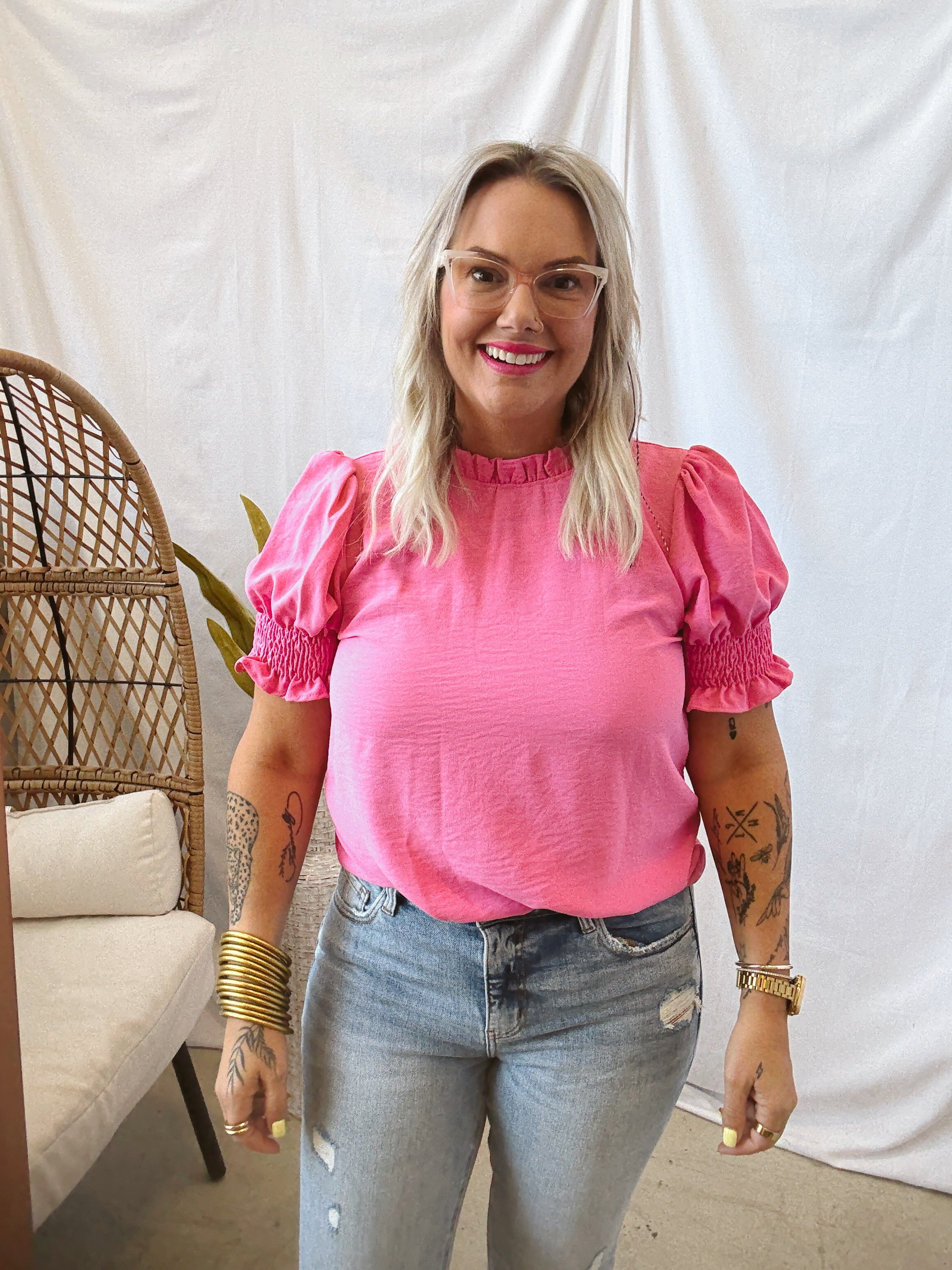Leslie Solid Ruffle Neck Top-Pink-Short Sleeve Tops-les amis-The Silo Boutique, Women's Fashion Boutique Located in Warren and Grand Forks North Dakota