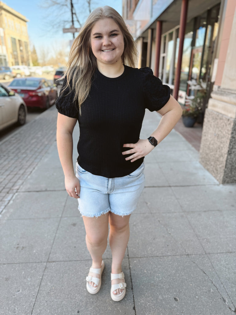 Black Round Neck Detail Top-Short Sleeve Tops-pologram-The Silo Boutique, Women's Fashion Boutique Located in Warren and Grand Forks North Dakota
