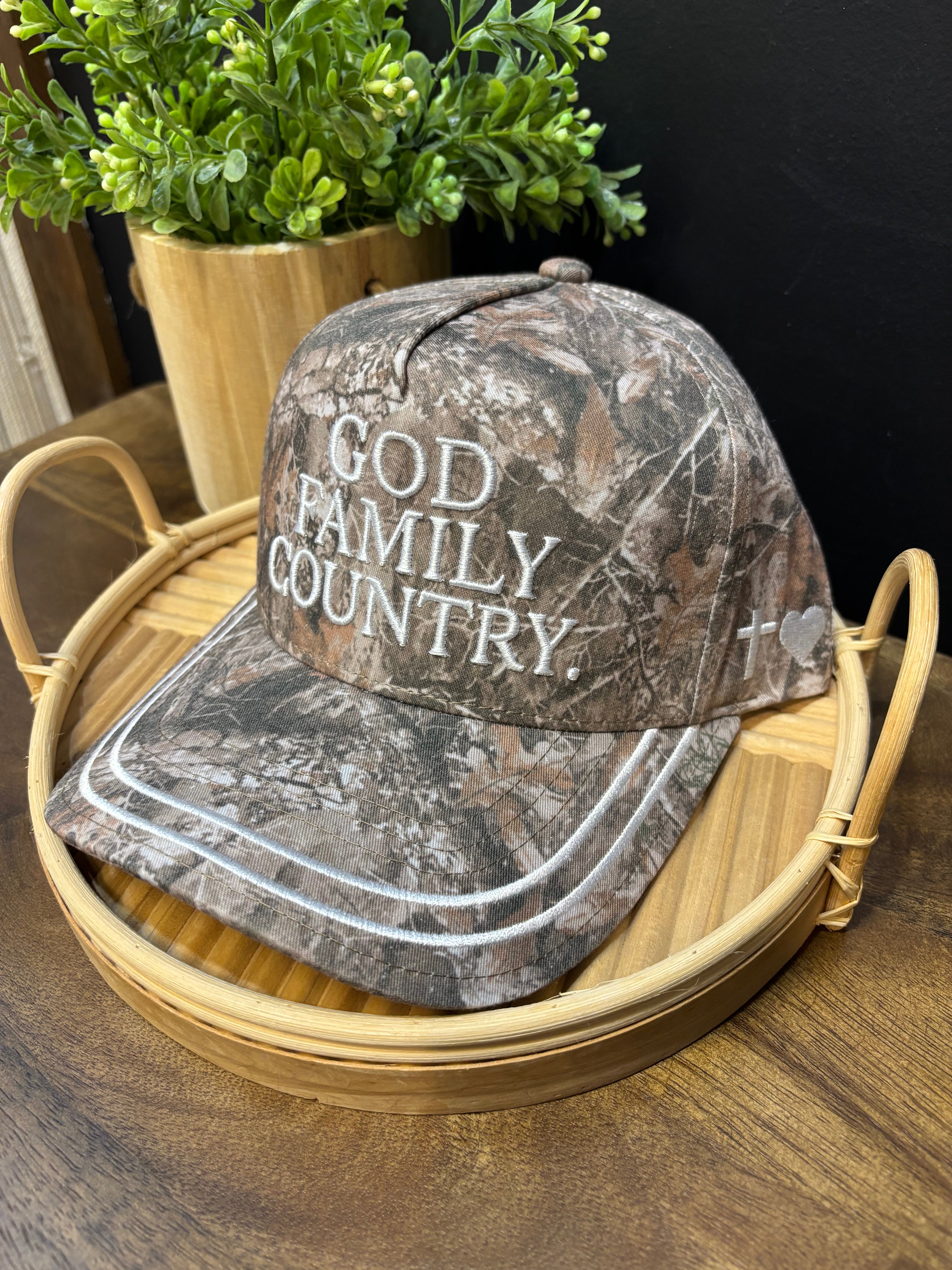 God Family Country Camo Hat-Hats-p&d-The Silo Boutique, Women's Fashion Boutique Located in Warren and Grand Forks North Dakota