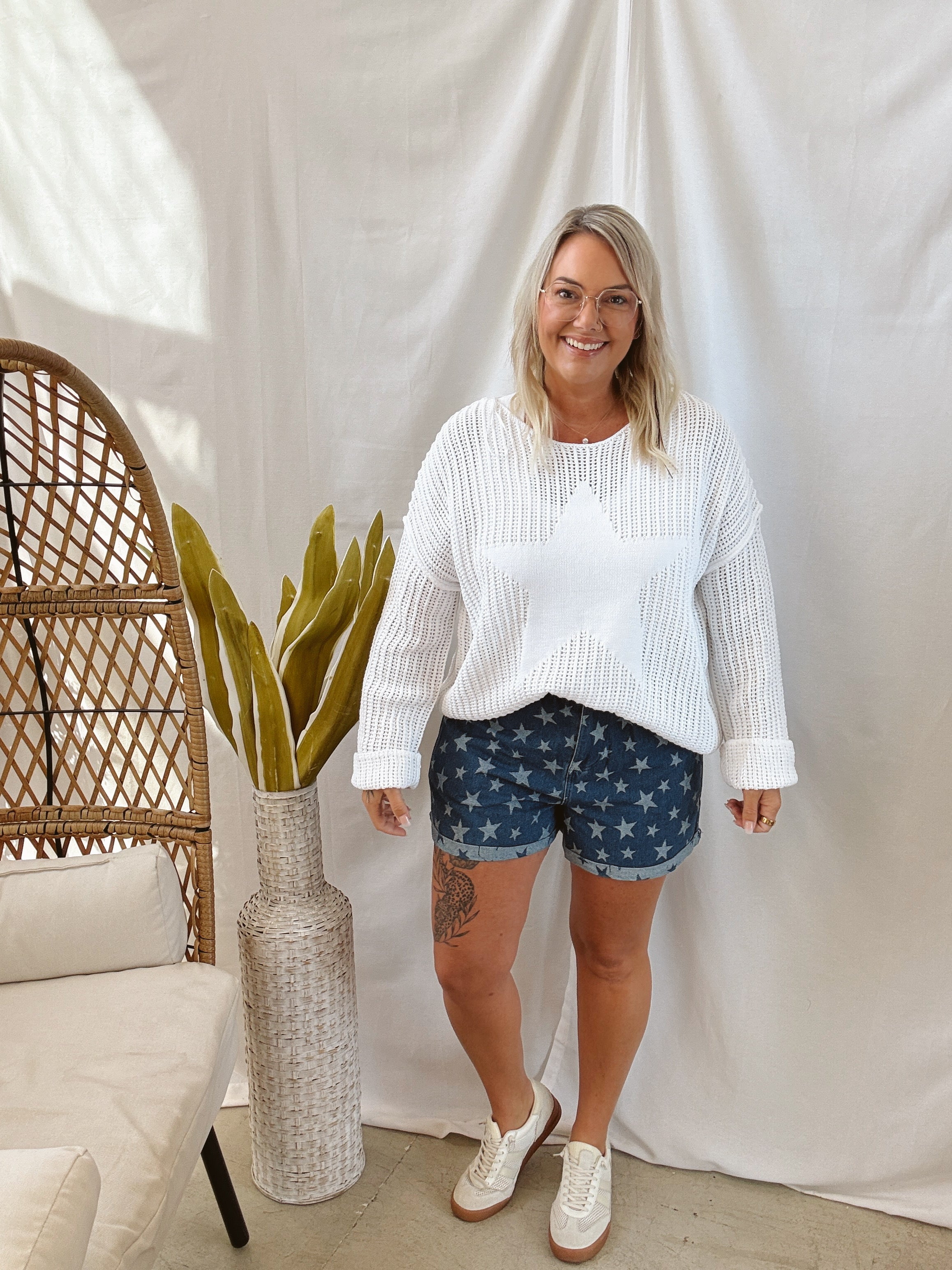 White Star Knit Sweater-Sweaters-miracle-The Silo Boutique, Women's Fashion Boutique Located in Warren and Grand Forks North Dakota