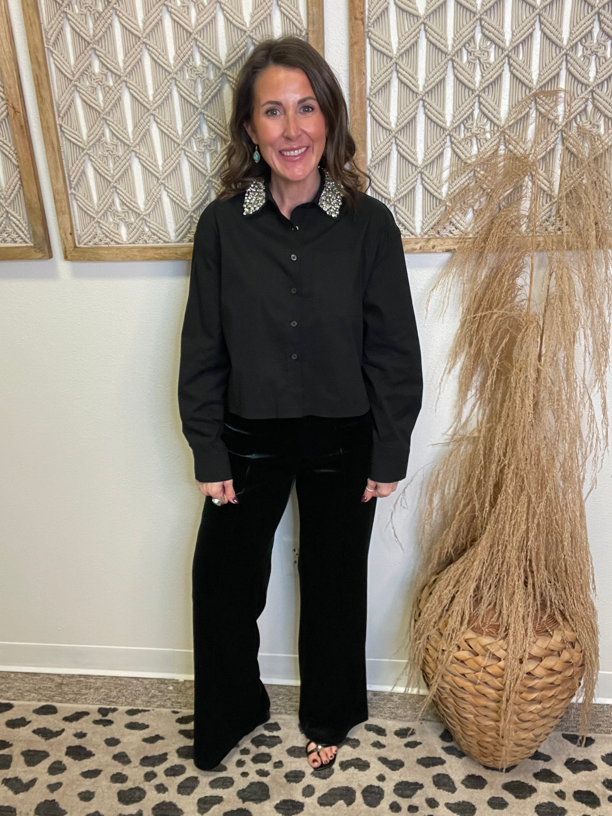 Elan Emily Rhinestone Top-Black-Long Sleeve Tops-elan-The Silo Boutique, Women's Fashion Boutique Located in Warren and Grand Forks North Dakota