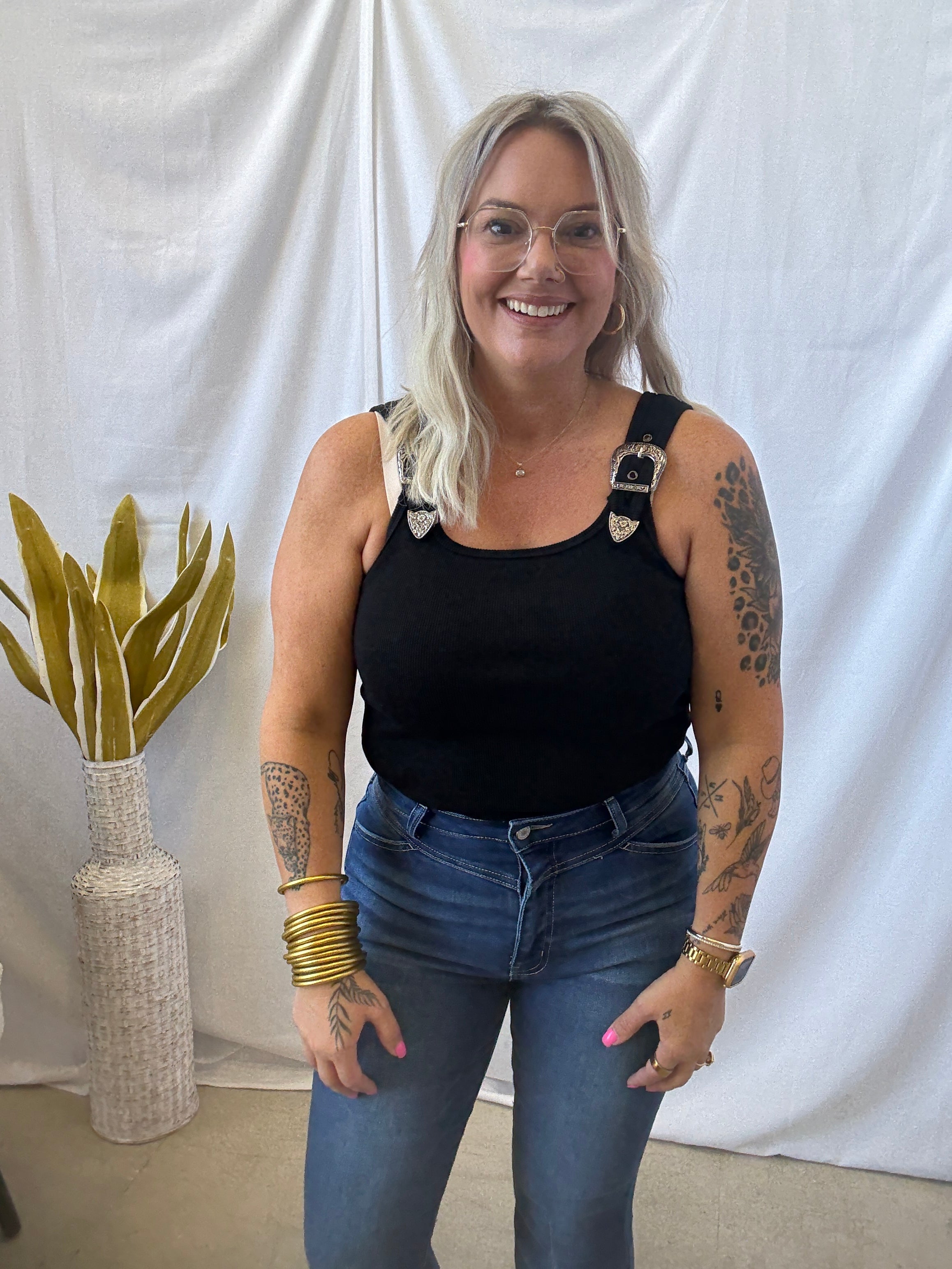 Ribbed Buckle Tank Top Bodysuit-Black-Tank Tops-blue B-The Silo Boutique, Women's Fashion Boutique Located in Warren and Grand Forks North Dakota