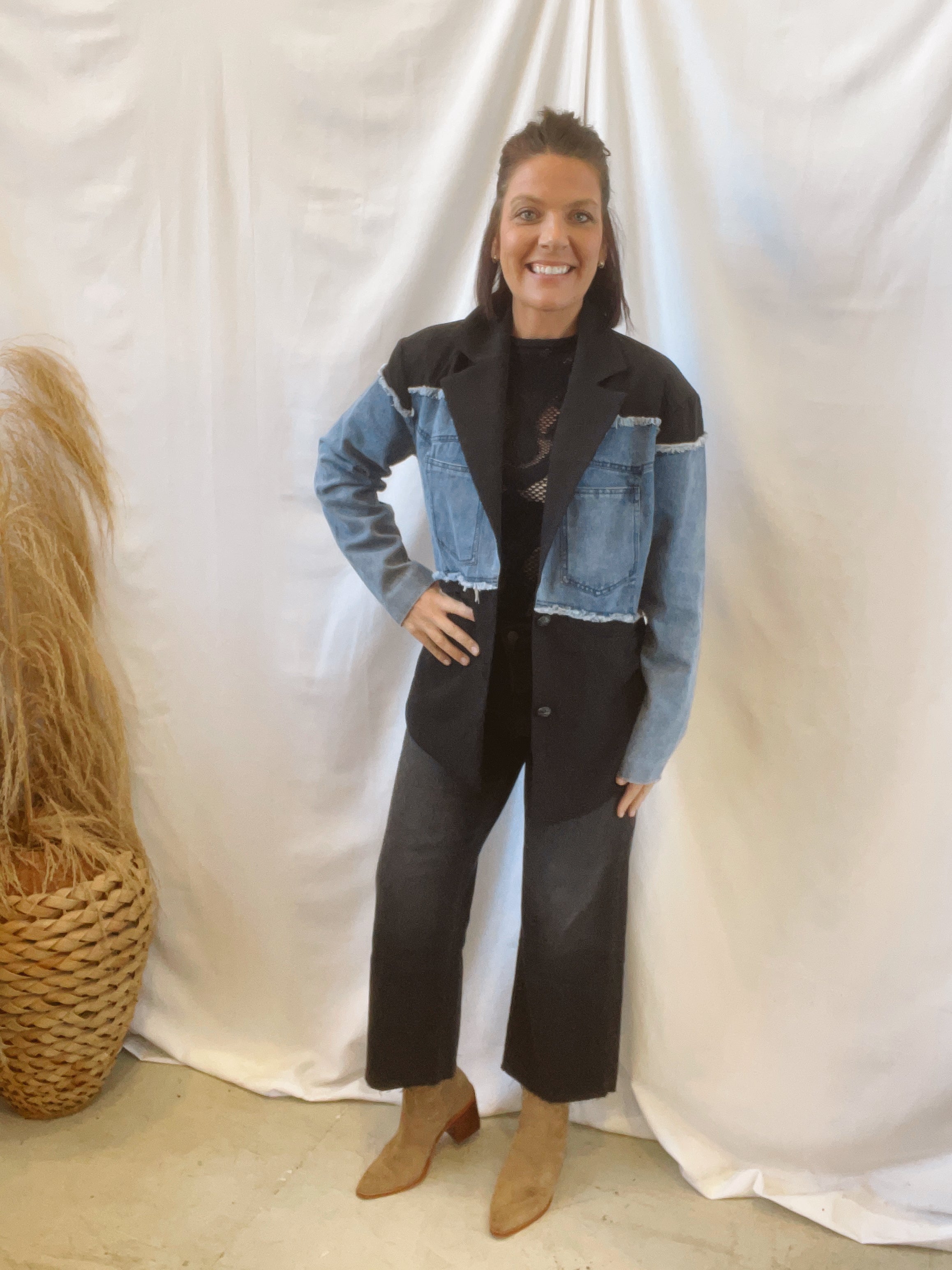 Black and Denim Mix Blazer-Blazers-entro-The Silo Boutique, Women's Fashion Boutique Located in Warren and Grand Forks North Dakota