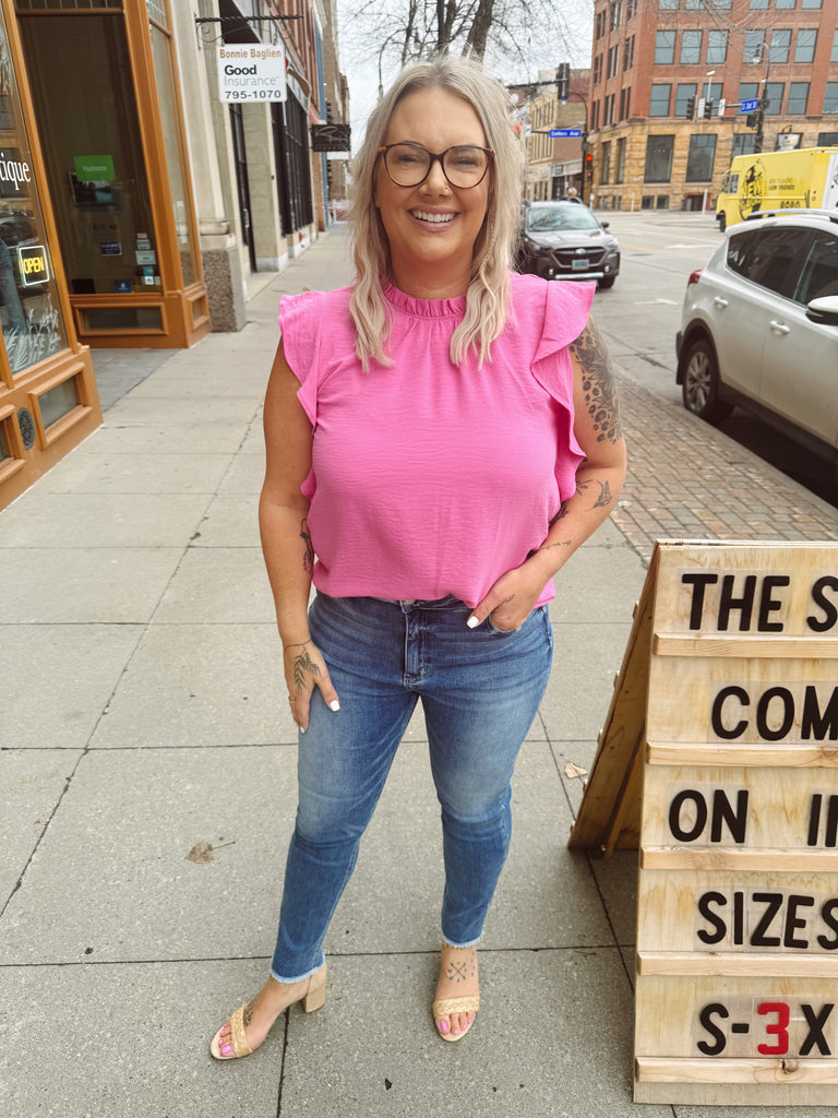Leslie Ruffled Short Sleeve Top-Bubble Gum-Short Sleeve Tops-les amis-The Silo Boutique, Women's Fashion Boutique Located in Warren and Grand Forks North Dakota