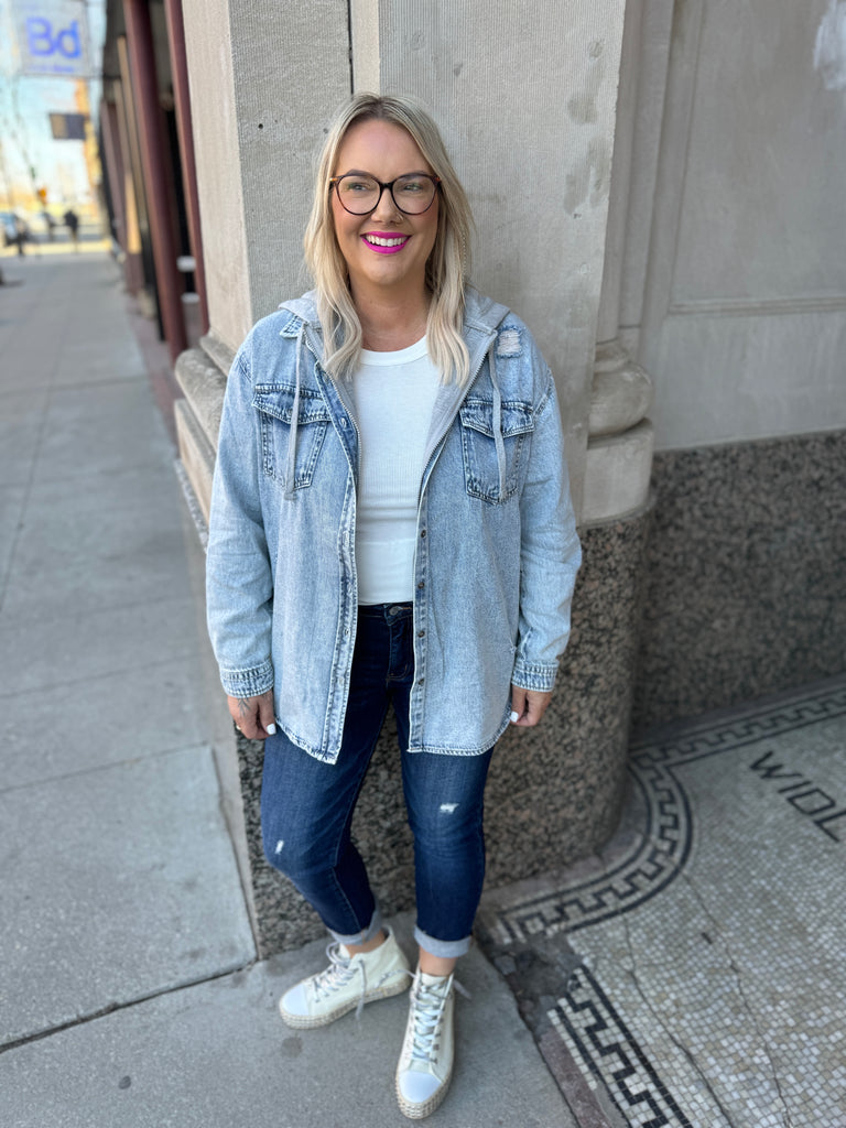 Acid Wash Vintage Denim Shirt with Hoodie Shacket-Coats & Jackets-risen-The Silo Boutique, Women's Fashion Boutique Located in Warren and Grand Forks North Dakota