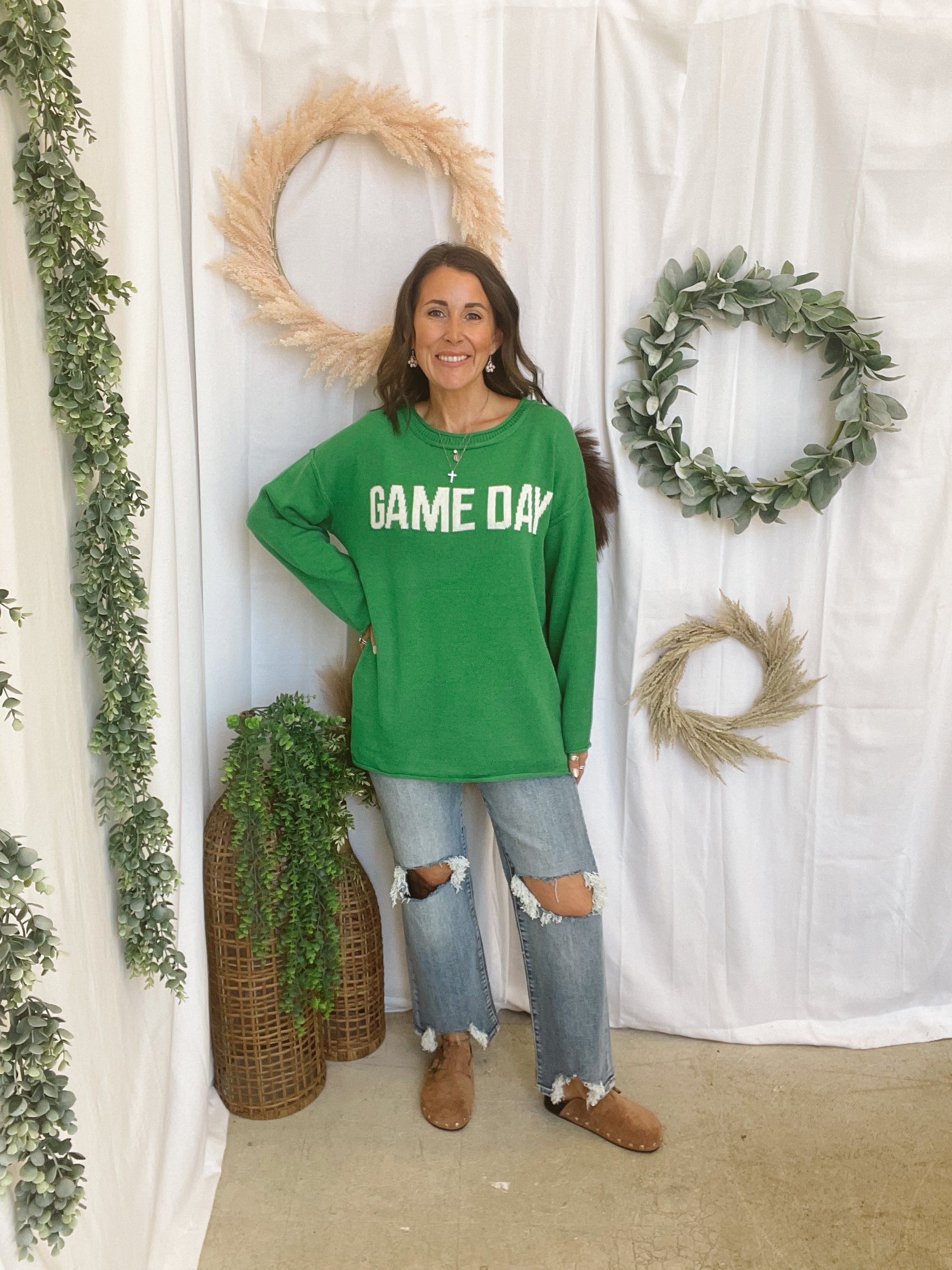 Just in Time Gameday Sweater-Green-Sweaters-timing-The Silo Boutique, Women's Fashion Boutique Located in Warren and Grand Forks North Dakota