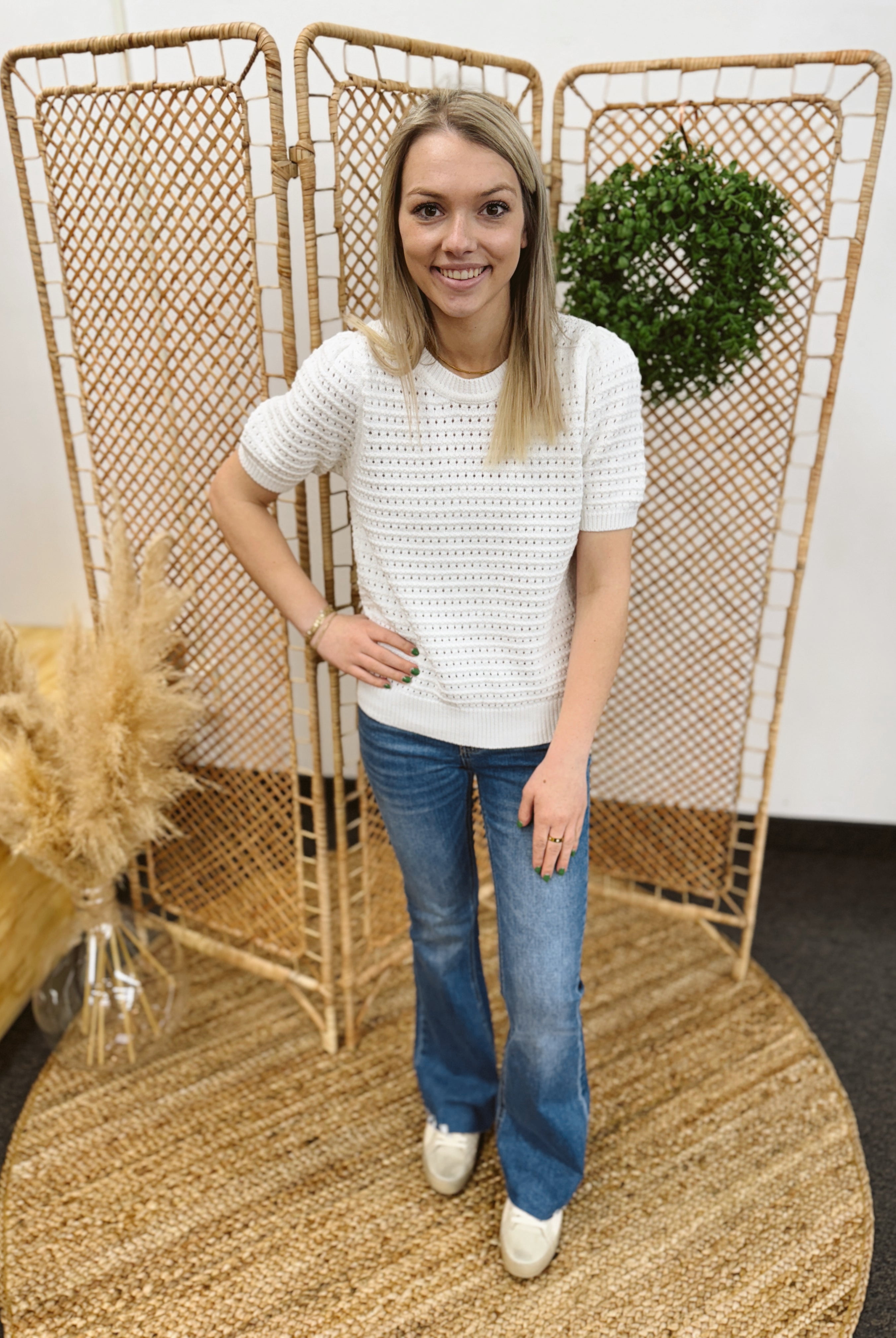 Open Weave Short Sleeve Puff Sweater-Cardigans-stacato-The Silo Boutique, Women's Fashion Boutique Located in Warren and Grand Forks North Dakota