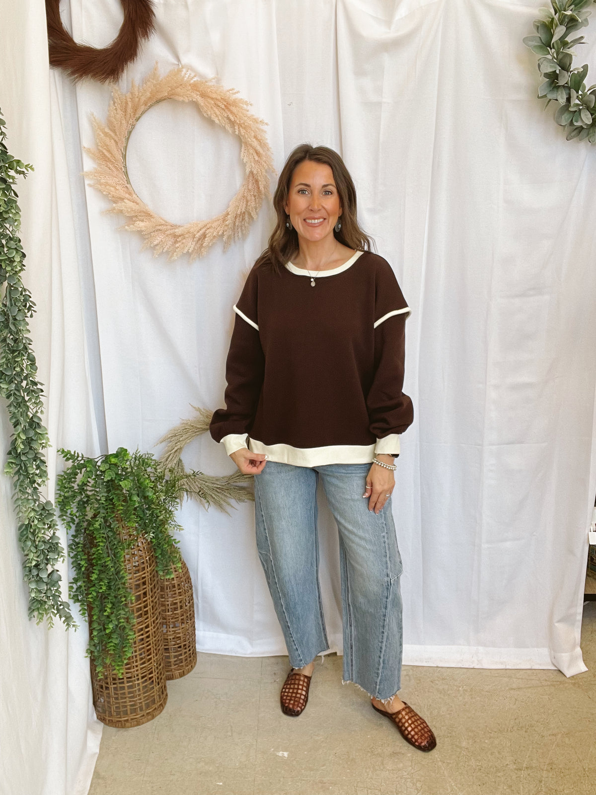 Karen Piping Detail Sweatshirt-Brown-Sweatshirts-Zenana-The Silo Boutique, Women's Fashion Boutique Located in Warren and Grand Forks North Dakota