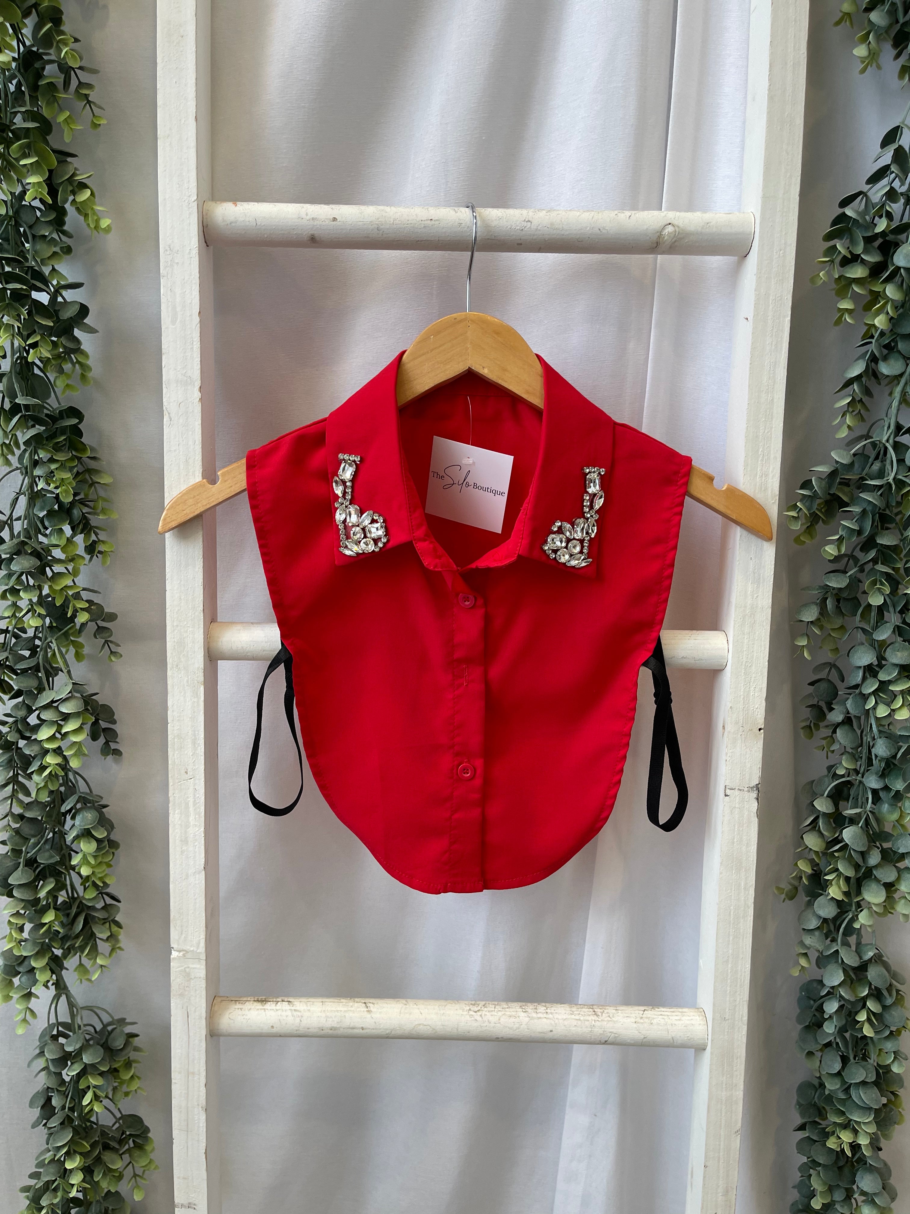 Corporate Collar-Red with Gems-Short Sleeve Tops-Summer Tees-The Silo Boutique, Women's Fashion Boutique Located in Warren and Grand Forks North Dakota