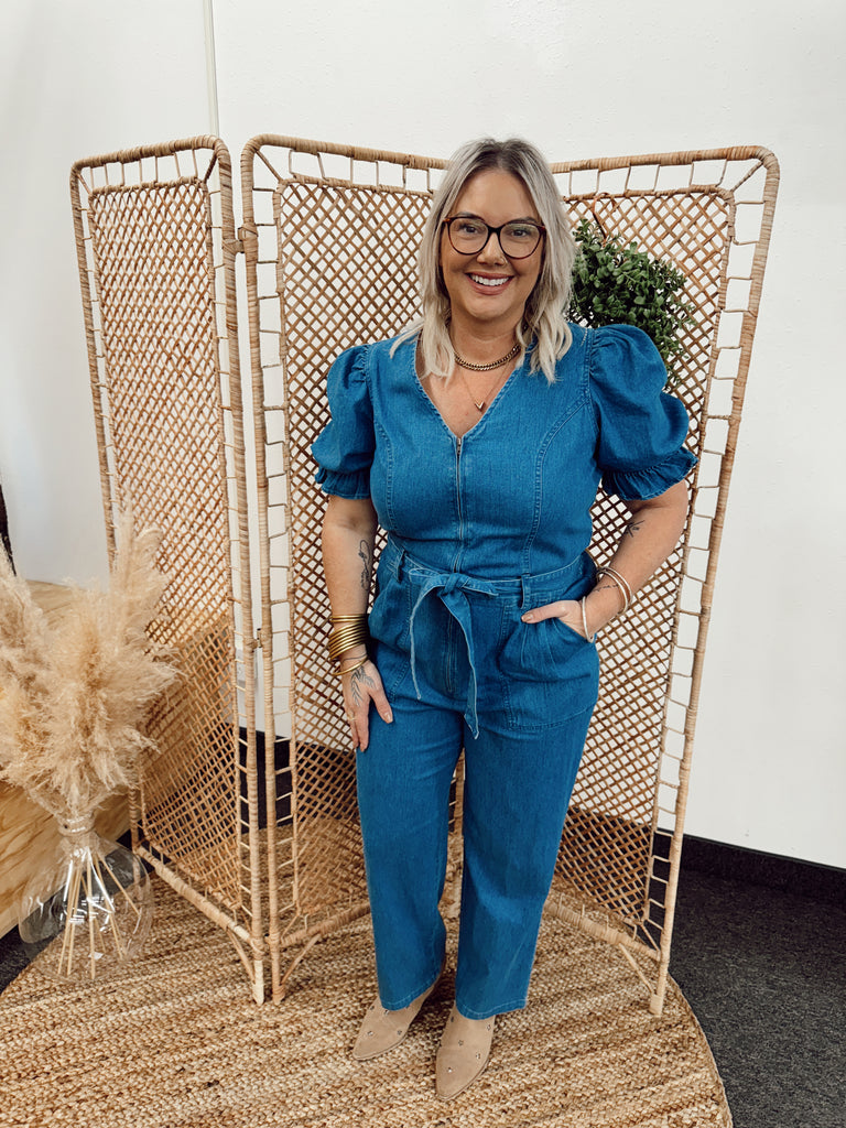 Bella Denim Washed Jumper-Jumpsuits & Rompers-skies are blue-The Silo Boutique, Women's Fashion Boutique Located in Warren and Grand Forks North Dakota