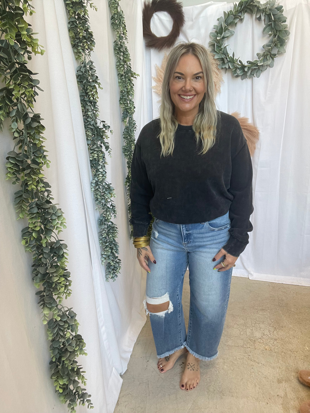 Lillian Crew Sweatshirt-Black-Sweatshirts-hyfve-The Silo Boutique, Women's Fashion Boutique Located in Warren and Grand Forks North Dakota