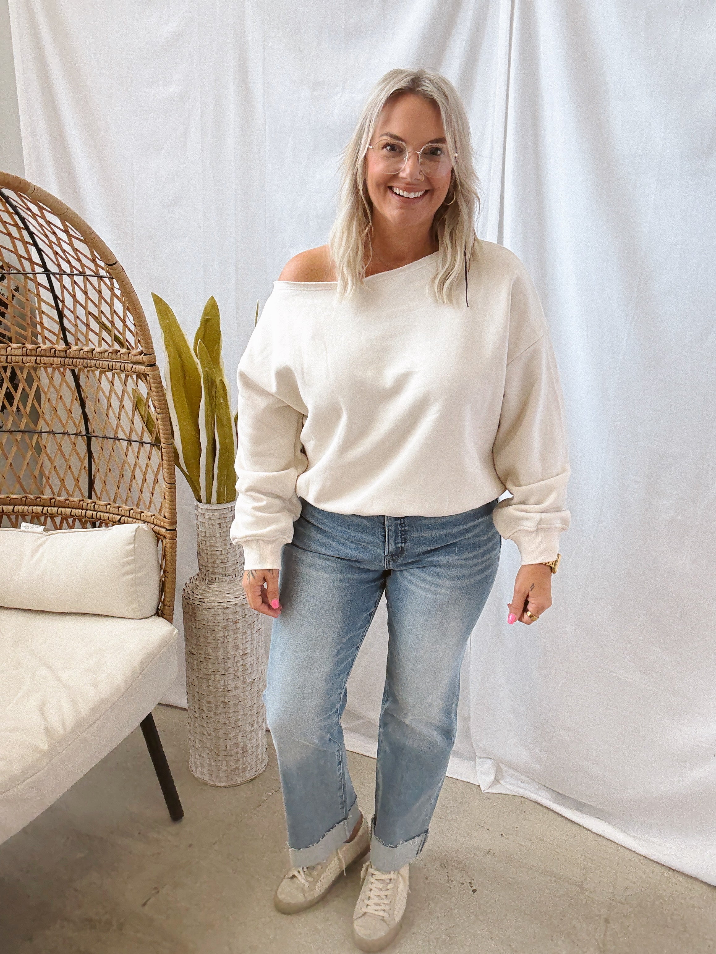 Bone Off The Shoulder Sweatshirt-Tank Tops-blu pepper-The Silo Boutique, Women's Fashion Boutique Located in Warren and Grand Forks North Dakota