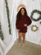 Carly Sweat Shorts-Black Cherry-Shorts-tictoc-The Silo Boutique, Women's Fashion Boutique Located in Warren and Grand Forks North Dakota