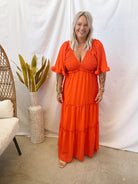 V Neck Tiered Dress-Tomato-Dresses-she and sky-The Silo Boutique, Women's Fashion Boutique Located in Warren and Grand Forks North Dakota