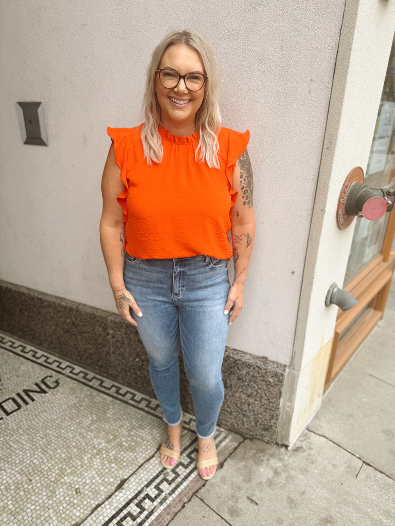 Leslie Ruffled Short Sleeve Top-Sunset-Short Sleeve Tops-les amis-The Silo Boutique, Women's Fashion Boutique Located in Warren and Grand Forks North Dakota