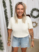 Ecru Crewneck Cable Sweater-Sweaters-hem and thread-The Silo Boutique, Women's Fashion Boutique Located in Warren and Grand Forks North Dakota