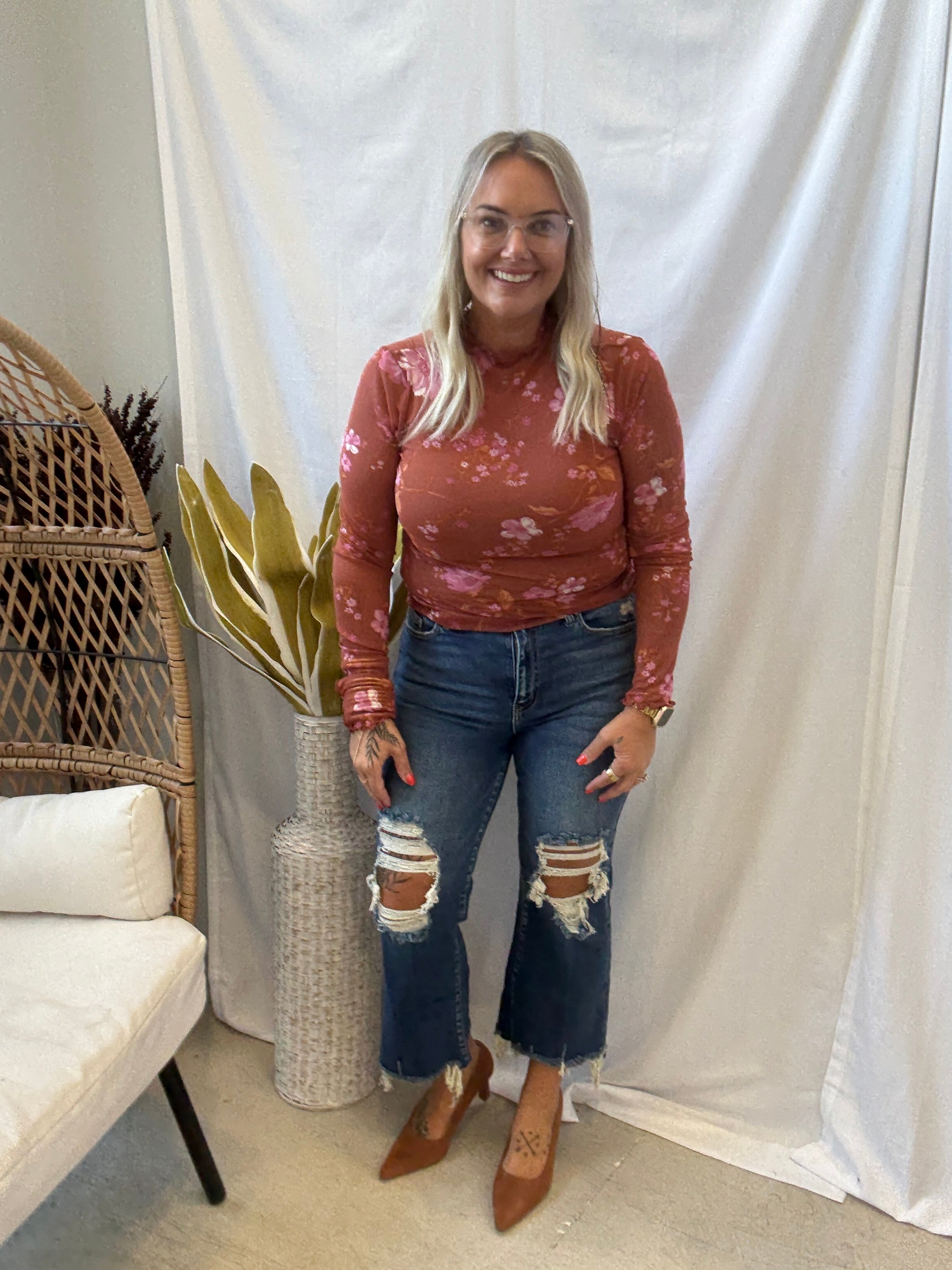Sienna Print Mesh Long Sleeve Top-Long Sleeve Tops-hem and thread-The Silo Boutique, Women's Fashion Boutique Located in Warren and Grand Forks North Dakota