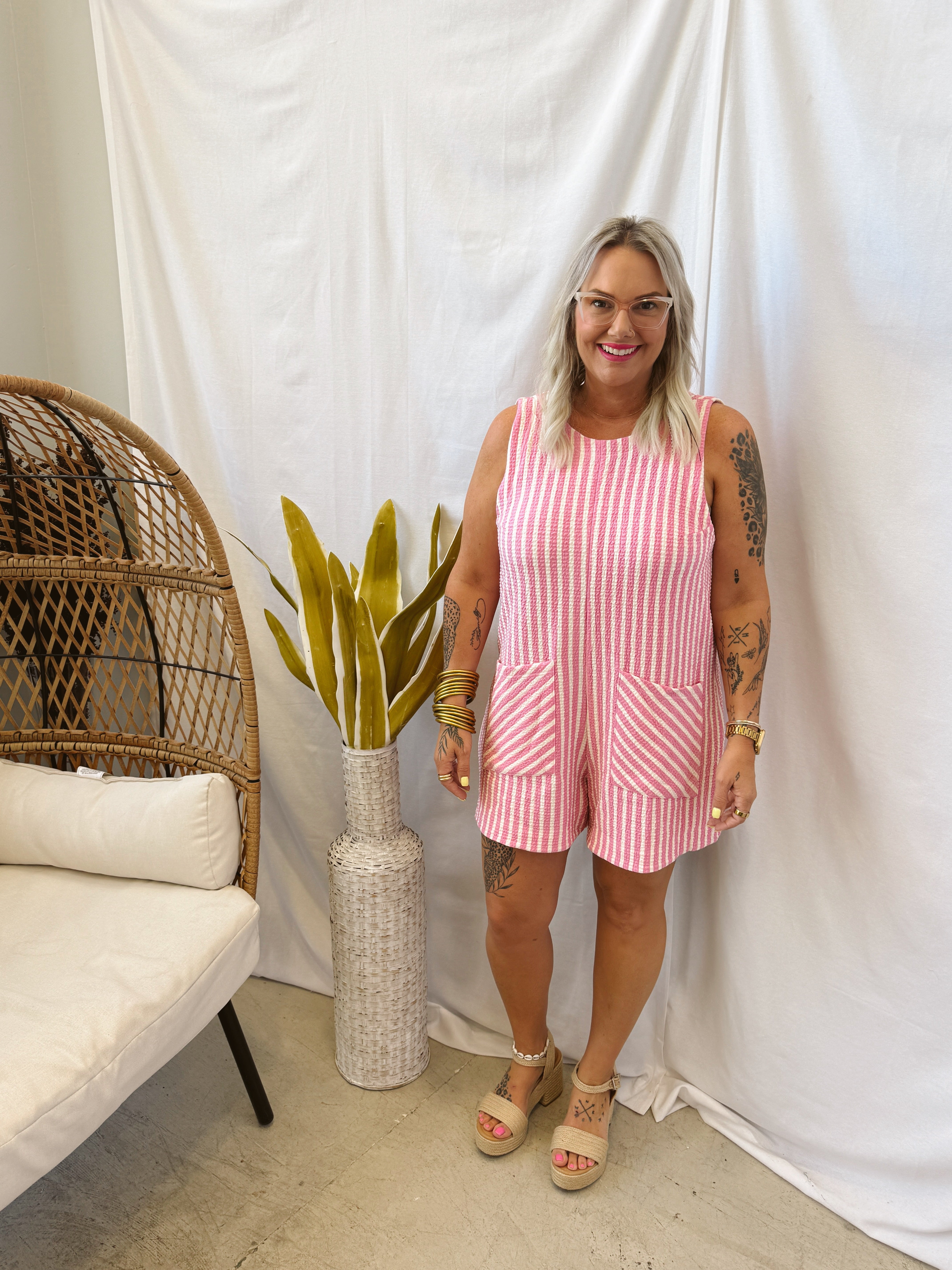 Pink Striped Shorts Romper-Jumpsuits & Rompers-Umgee-The Silo Boutique, Women's Fashion Boutique Located in Warren and Grand Forks North Dakota