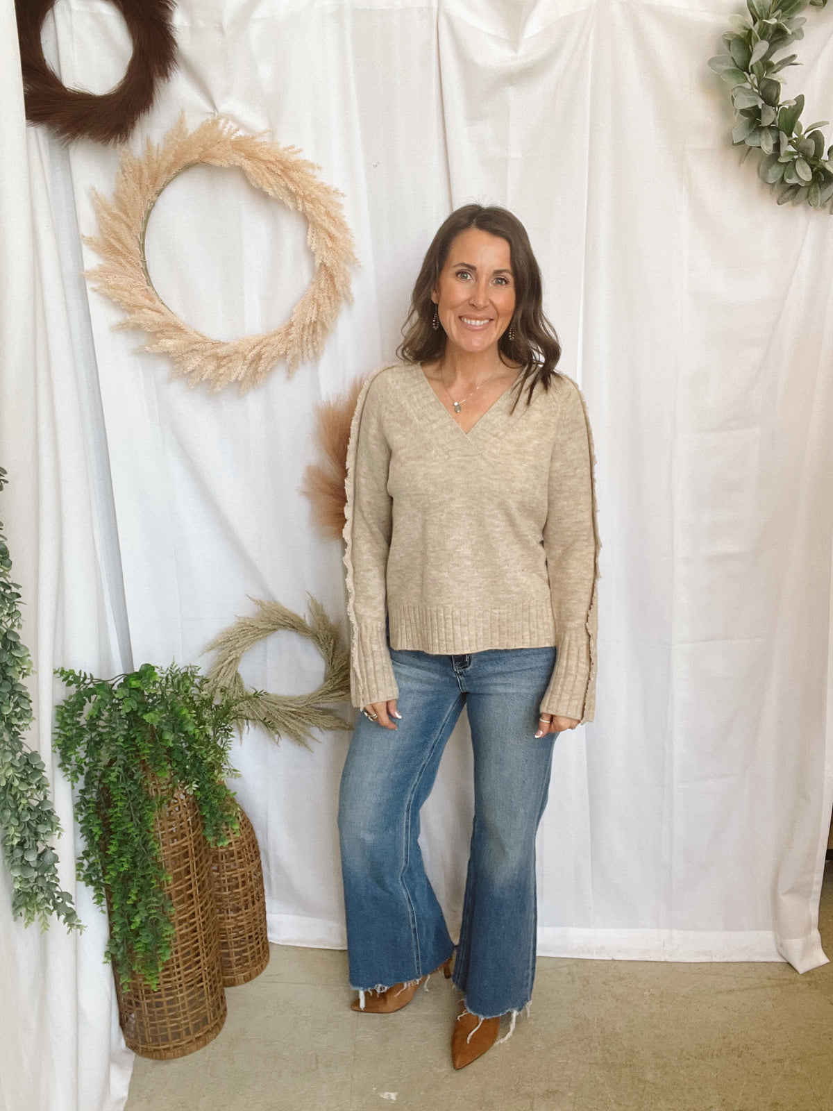 Elan Falling V Neck Sweater-Stone-Sweaters-elan-The Silo Boutique, Women's Fashion Boutique Located in Warren and Grand Forks North Dakota