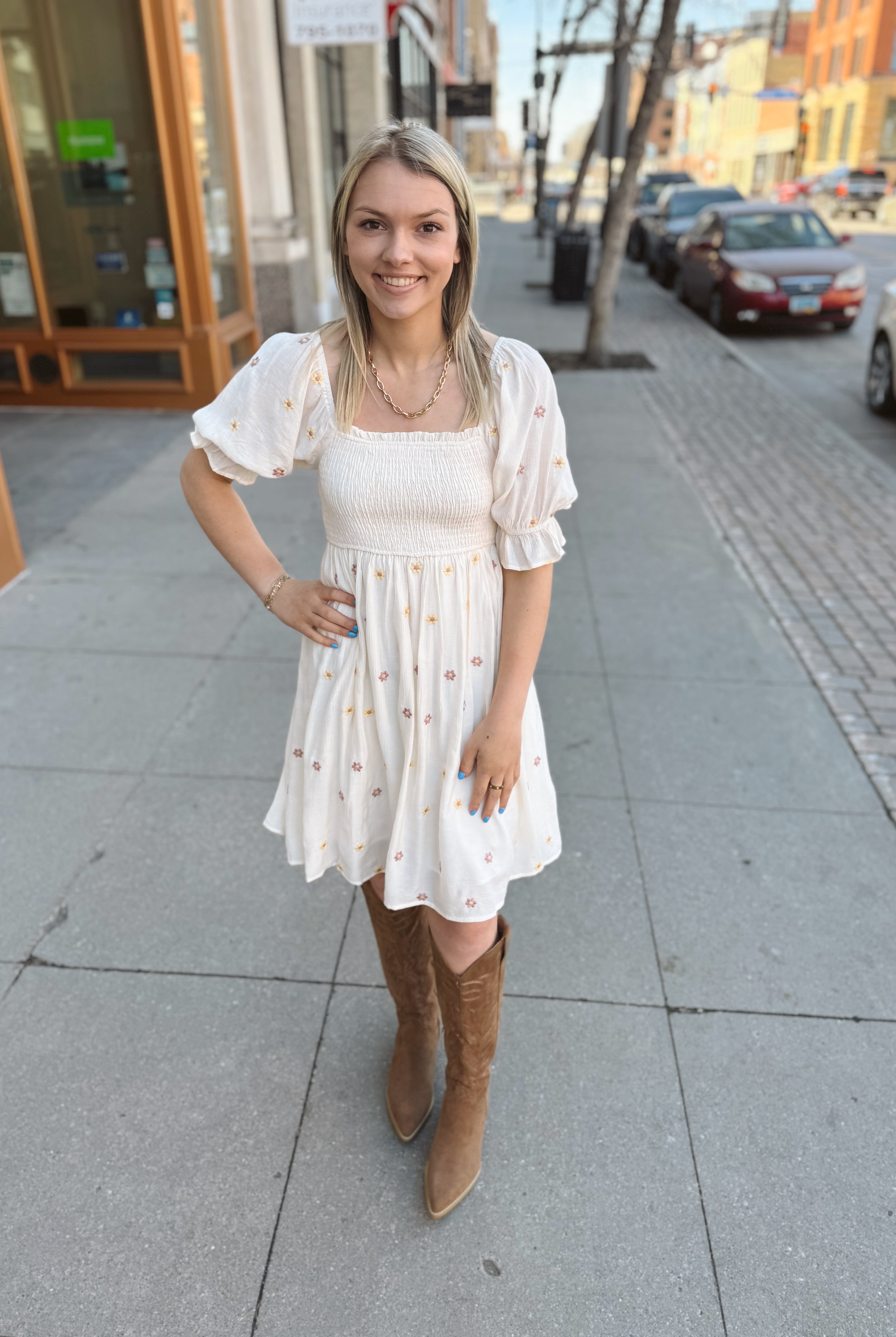 Daisy Ditsy Embroidered Dress-Dresses-hem and thread-The Silo Boutique, Women's Fashion Boutique Located in Warren and Grand Forks North Dakota