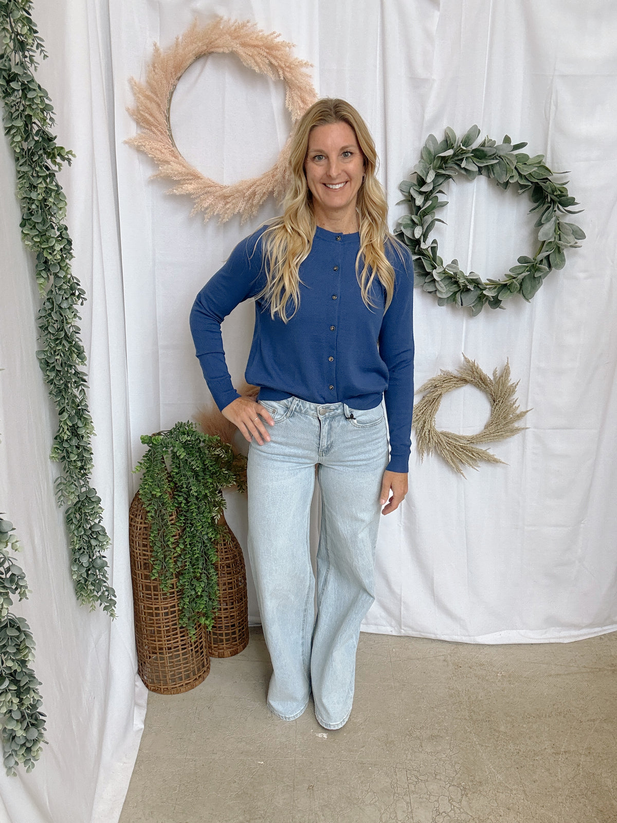 Celia Button Up Cardigan-Blue-Cardigans-staccato-The Silo Boutique, Women's Fashion Boutique Located in Warren and Grand Forks North Dakota