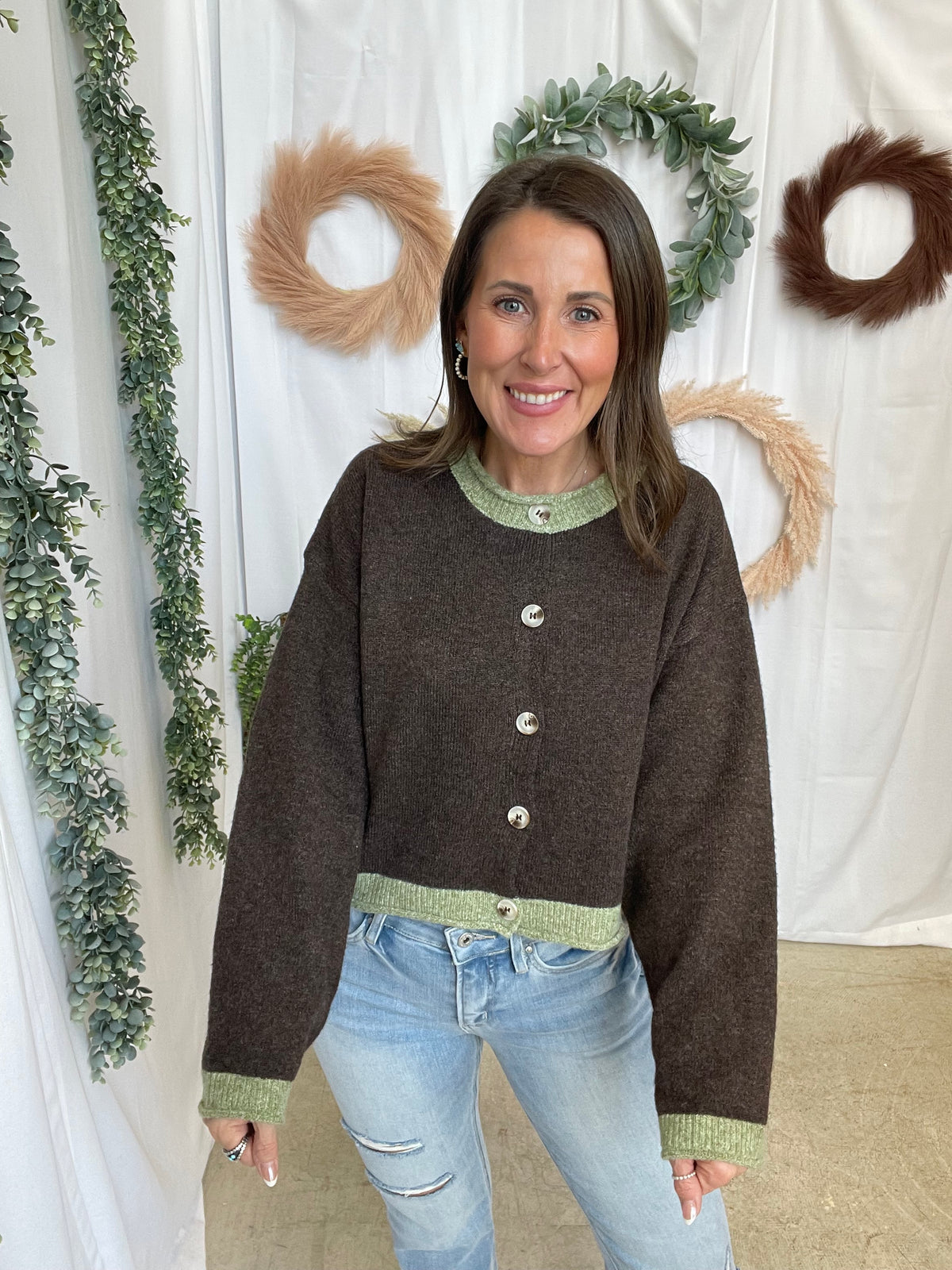 Parker Contrast Cardigan-Brown-Sweaters-lelis-The Silo Boutique, Women's Fashion Boutique Located in Warren and Grand Forks North Dakota