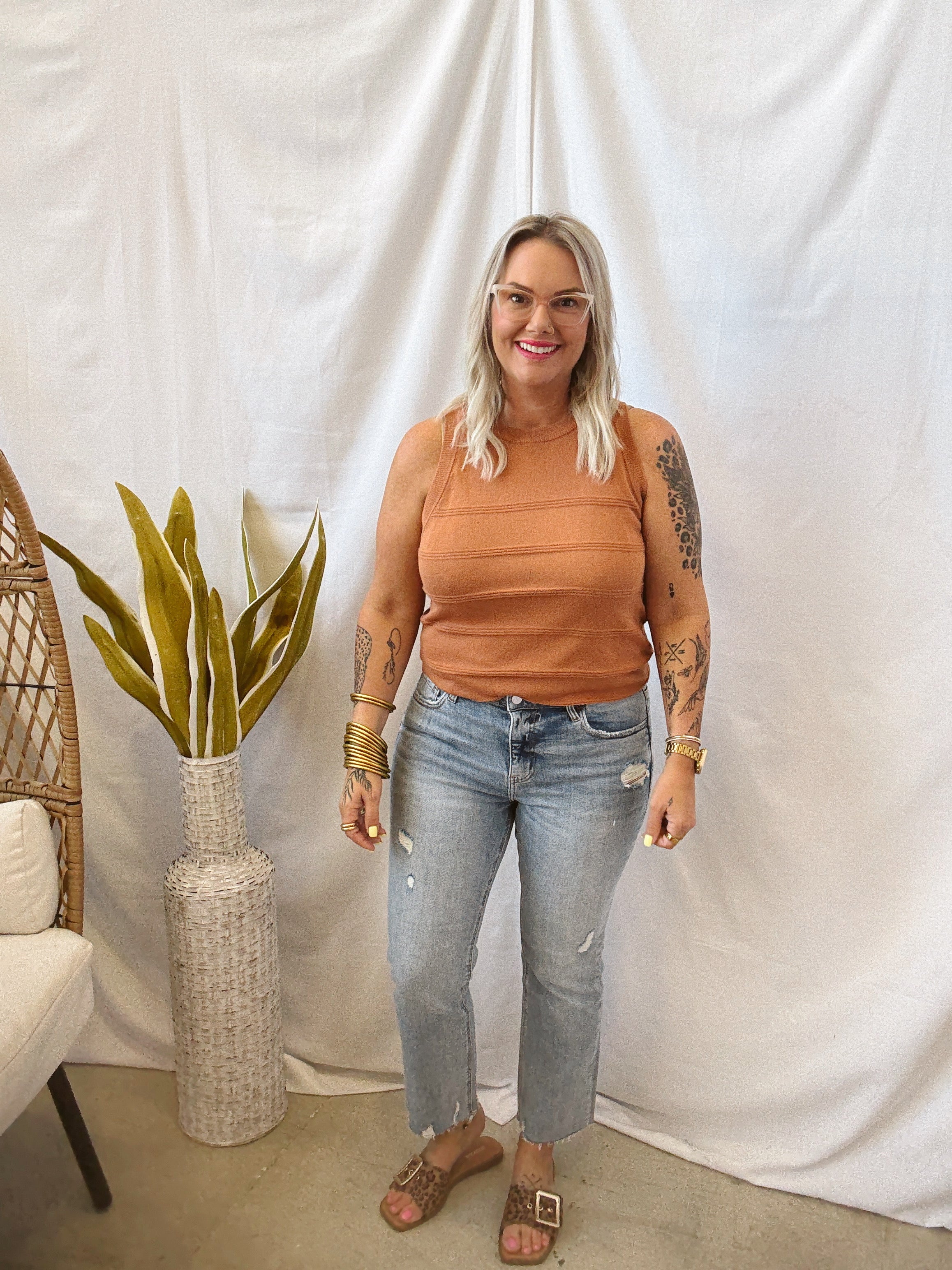 Camel Textured Tank Top-Short Sleeve Tops-staccato-The Silo Boutique, Women's Fashion Boutique Located in Warren and Grand Forks North Dakota
