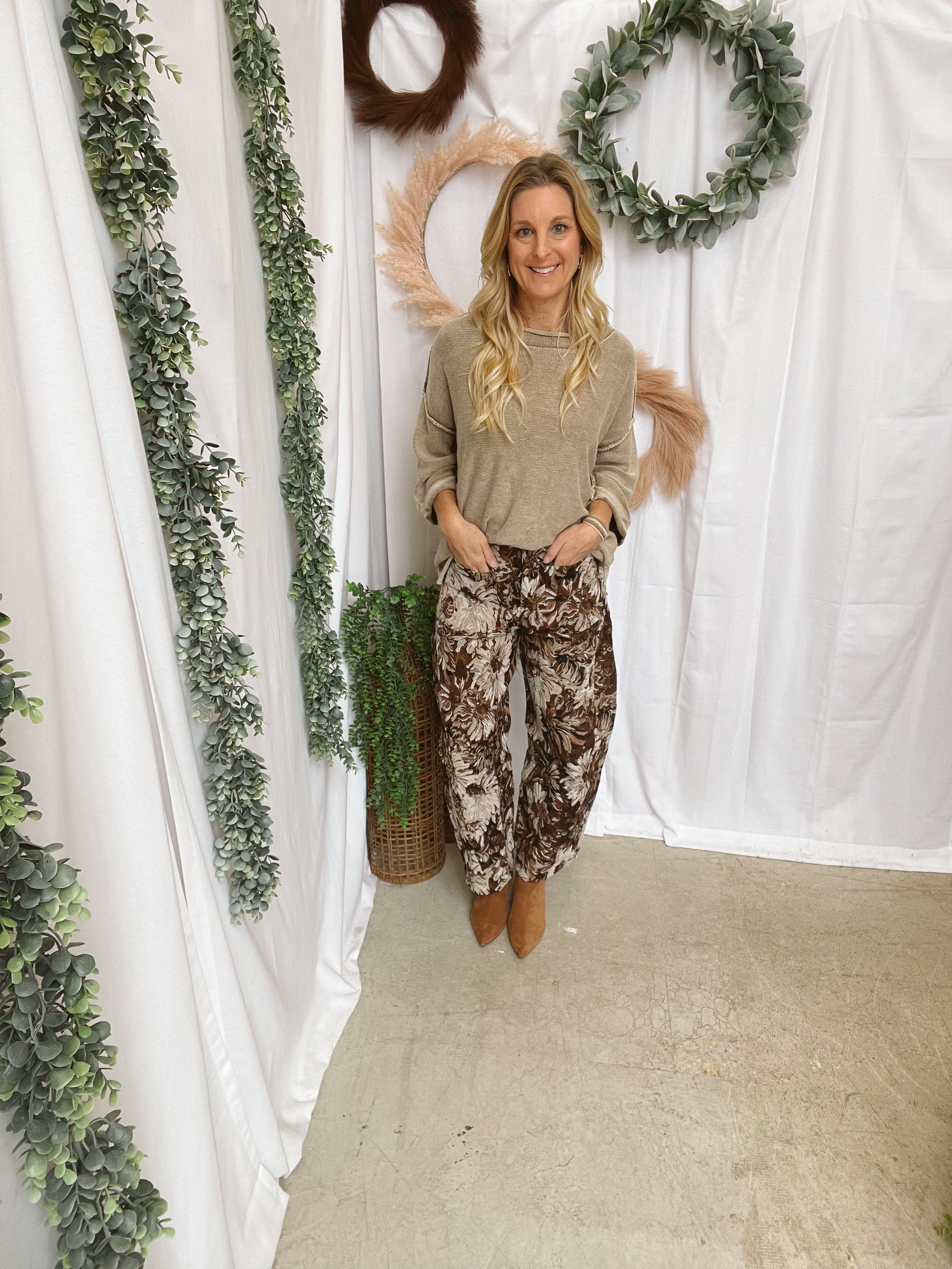 Dani Tapestry Brown Barrel Pants-Jeans-davi dani-The Silo Boutique, Women's Fashion Boutique Located in Warren and Grand Forks North Dakota