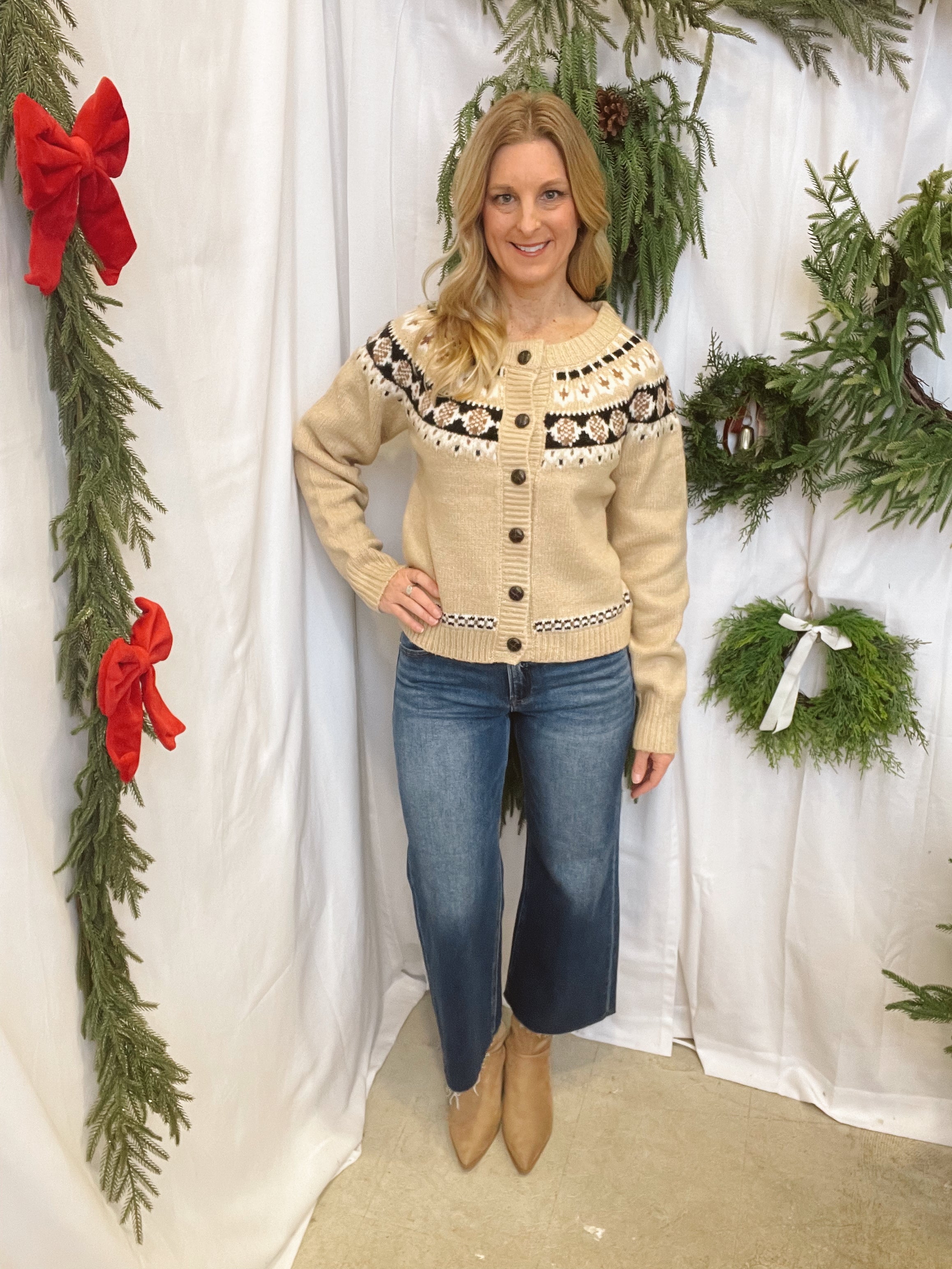 Lizzy Cozy Fair Isle Beige Cardigan-Cardigans-hyfve-The Silo Boutique, Women's Fashion Boutique Located in Warren and Grand Forks North Dakota
