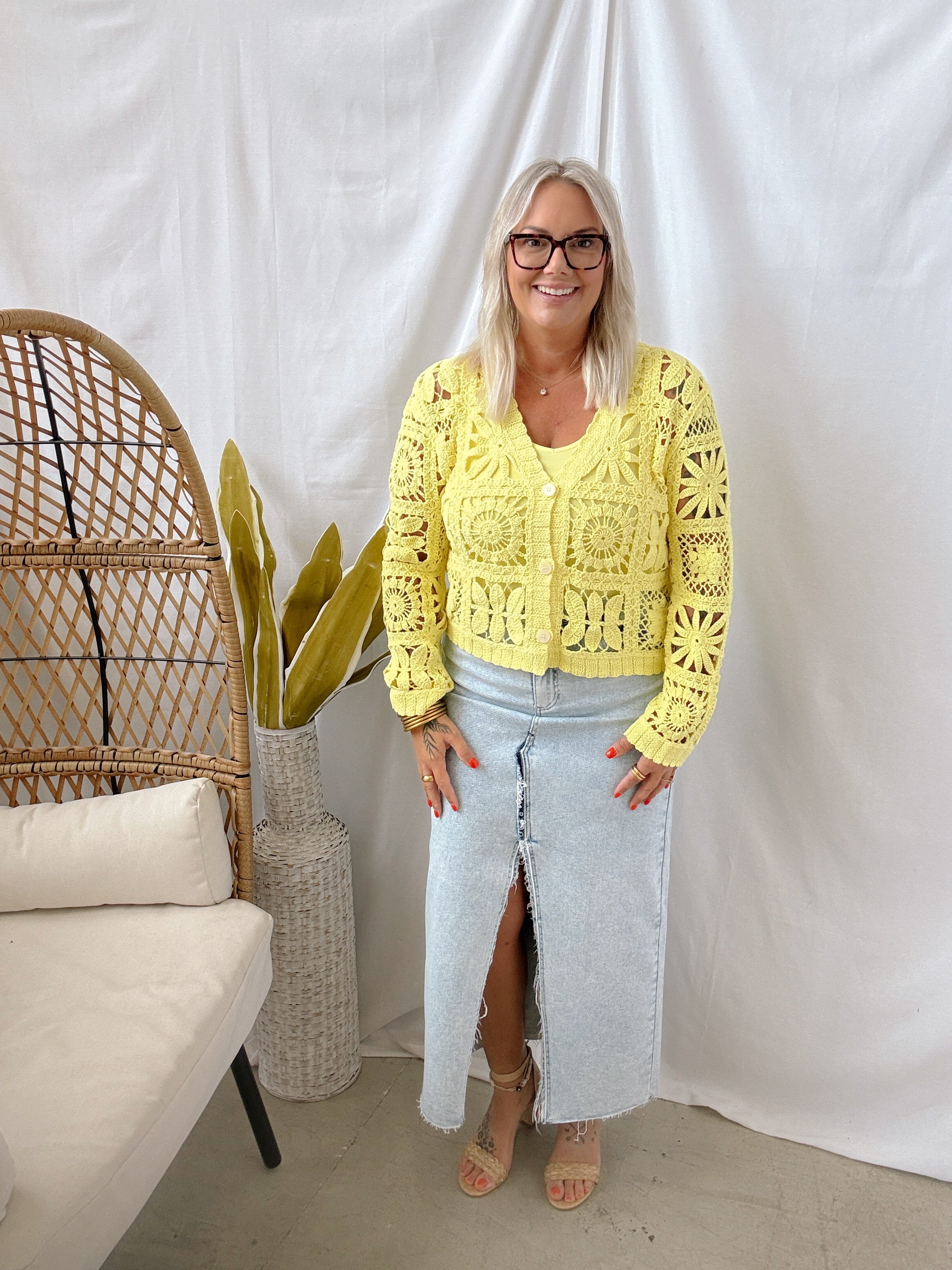 Yellow Crochet Knit Cardigan Top-Long Sleeve Tops-mystree-The Silo Boutique, Women's Fashion Boutique Located in Warren and Grand Forks North Dakota