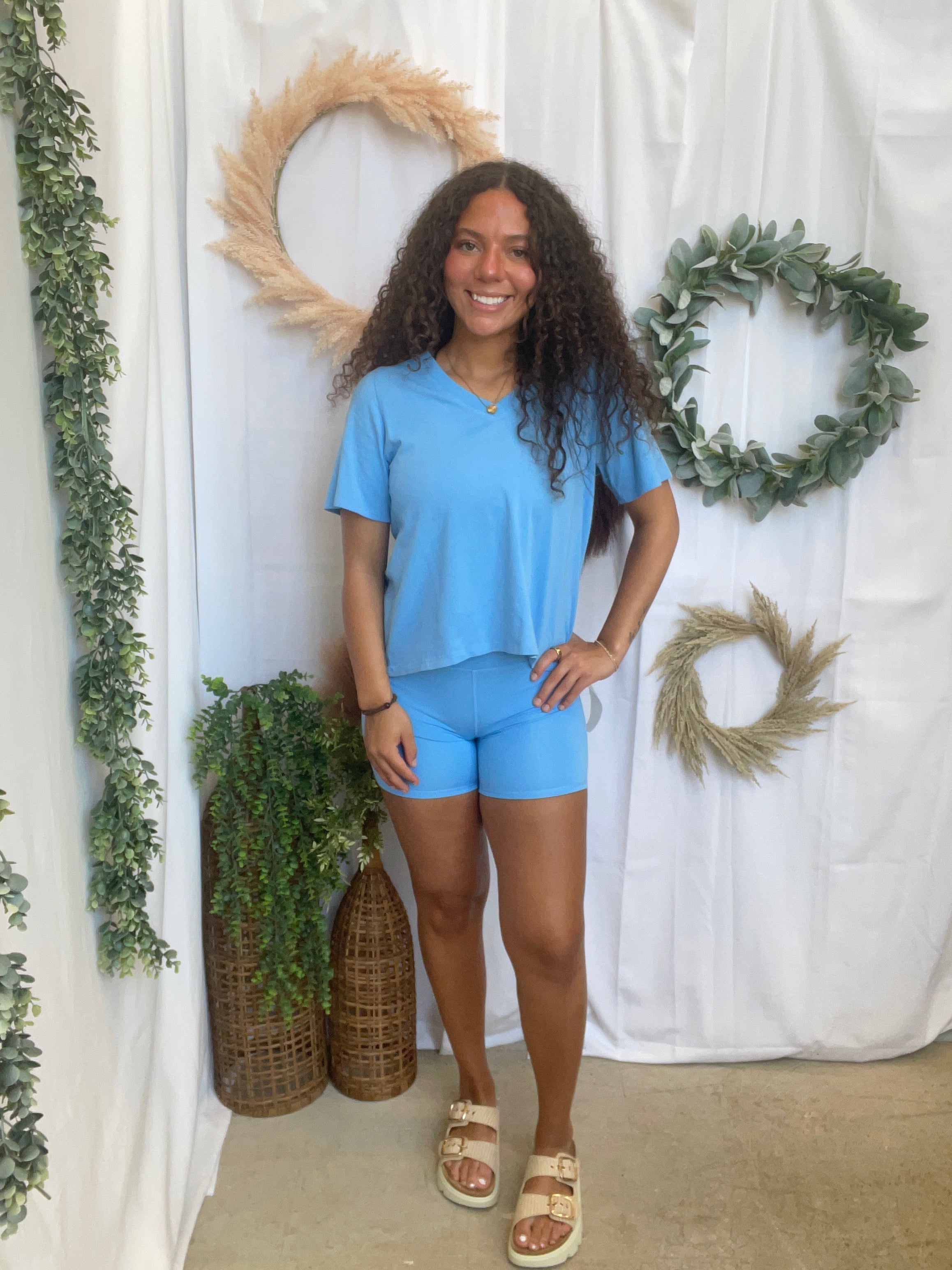 Mono B Pima V Neck Top-Light Blue-Short Sleeve Tops-mono b-The Silo Boutique, Women's Fashion Boutique Located in Warren and Grand Forks North Dakota