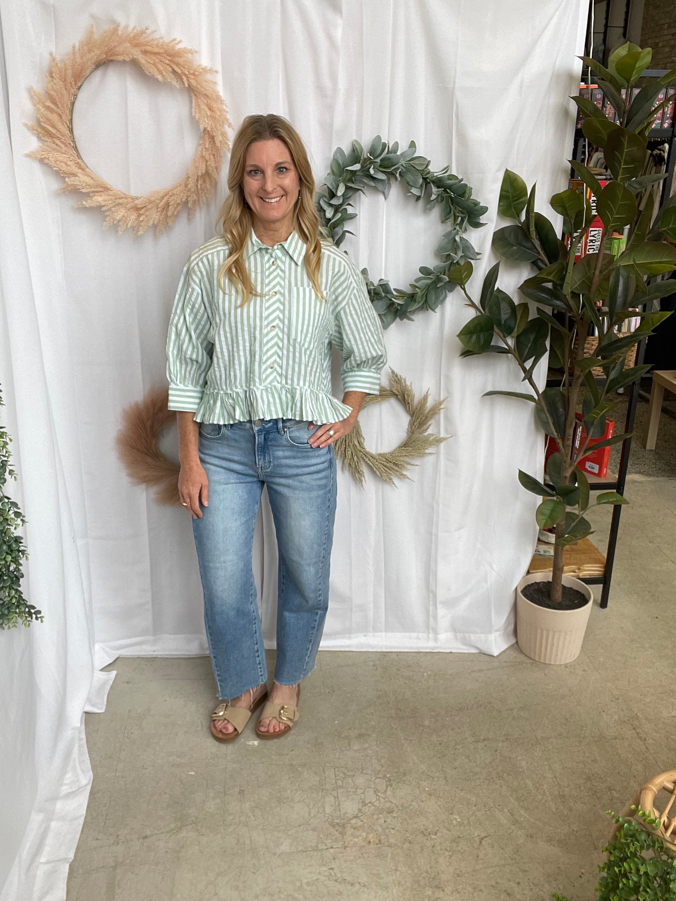 Sage Frill Button Down Striped Shirt-Short Sleeve Tops-hem and thread-The Silo Boutique, Women's Fashion Boutique Located in Warren and Grand Forks North Dakota