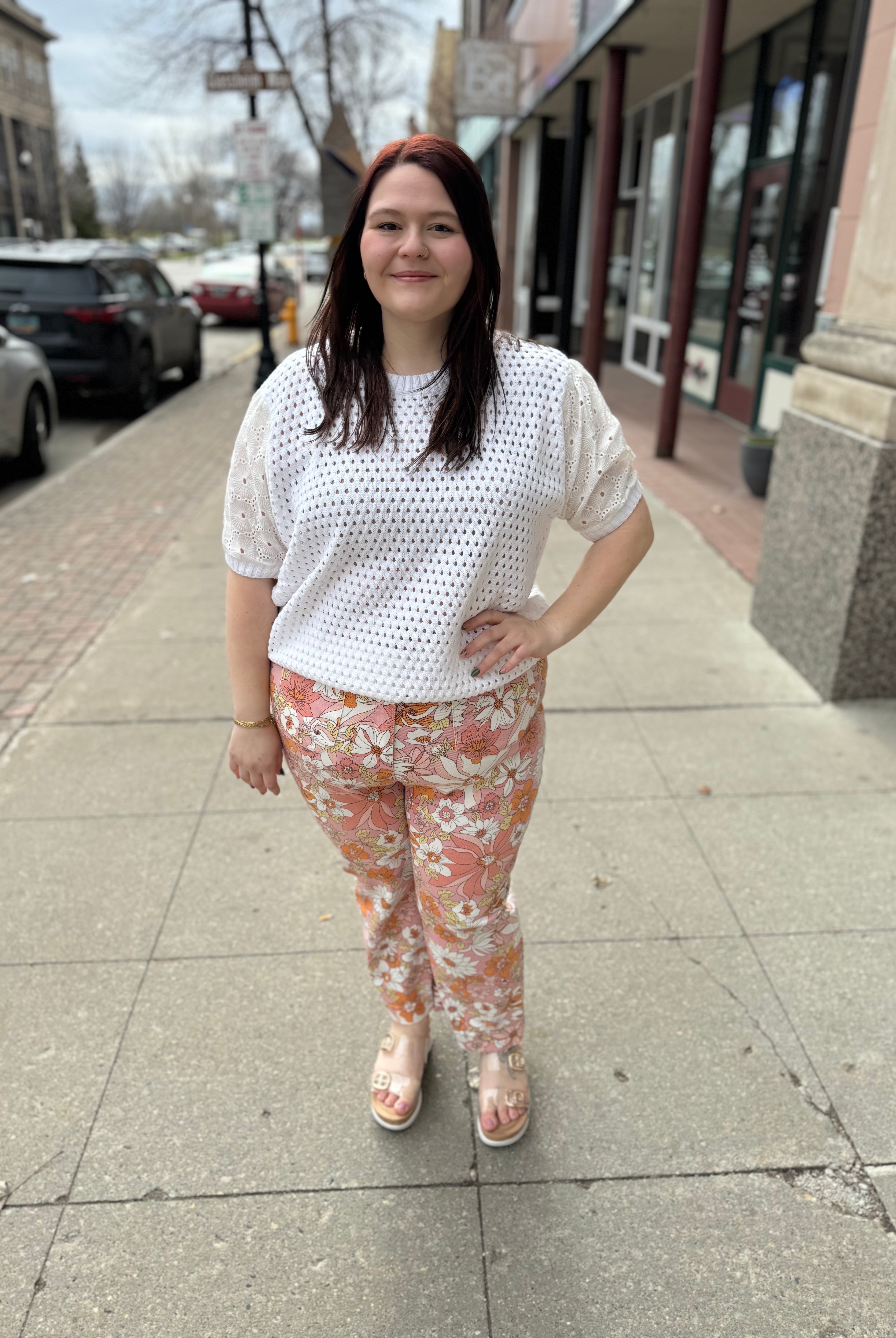 Apricot Twill Floral Pants-Pants-skies are blue-The Silo Boutique, Women's Fashion Boutique Located in Warren and Grand Forks North Dakota