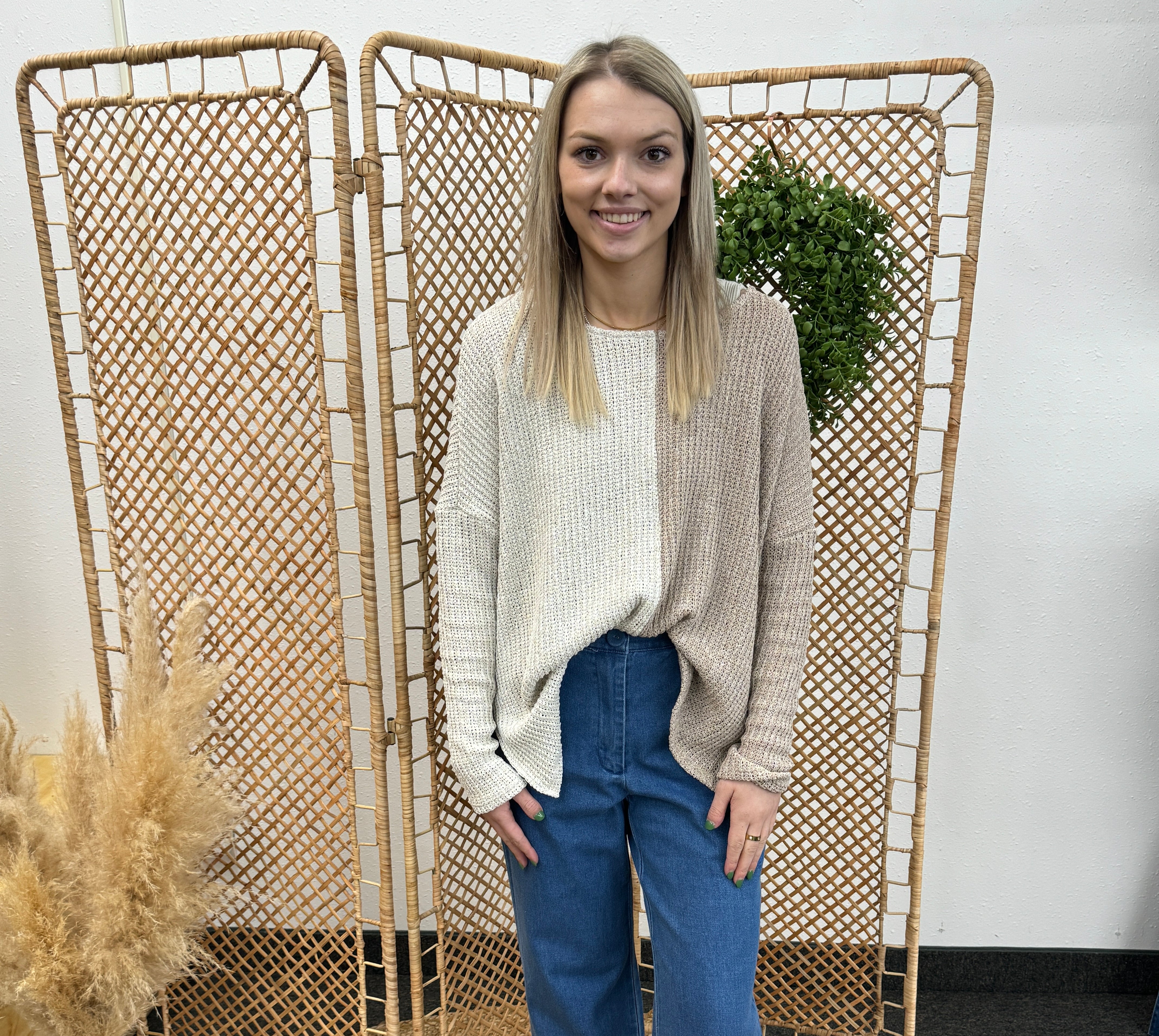 Gilli Long Sleeve Ivory Taupe Knit top-Sweaters-gilli-The Silo Boutique, Women's Fashion Boutique Located in Warren and Grand Forks North Dakota