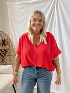Zen V Neck Seam Top-Red-Short Sleeve Tops-Zenana-The Silo Boutique, Women's Fashion Boutique Located in Warren and Grand Forks North Dakota