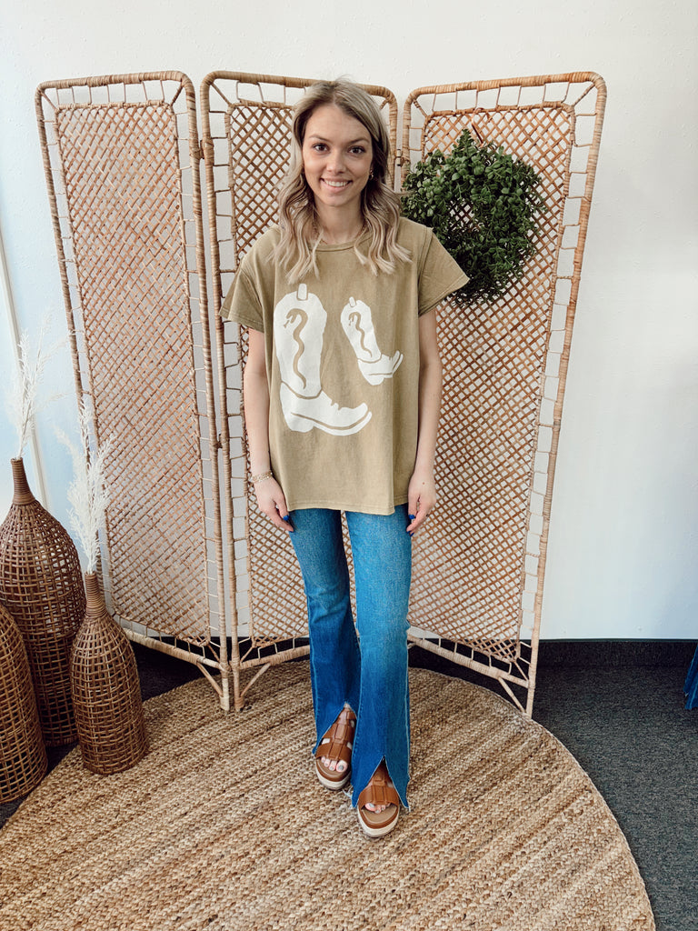 Mineral Wash Olive Boots Tee-Short Sleeve Tops-easel-The Silo Boutique, Women's Fashion Boutique Located in Warren and Grand Forks North Dakota