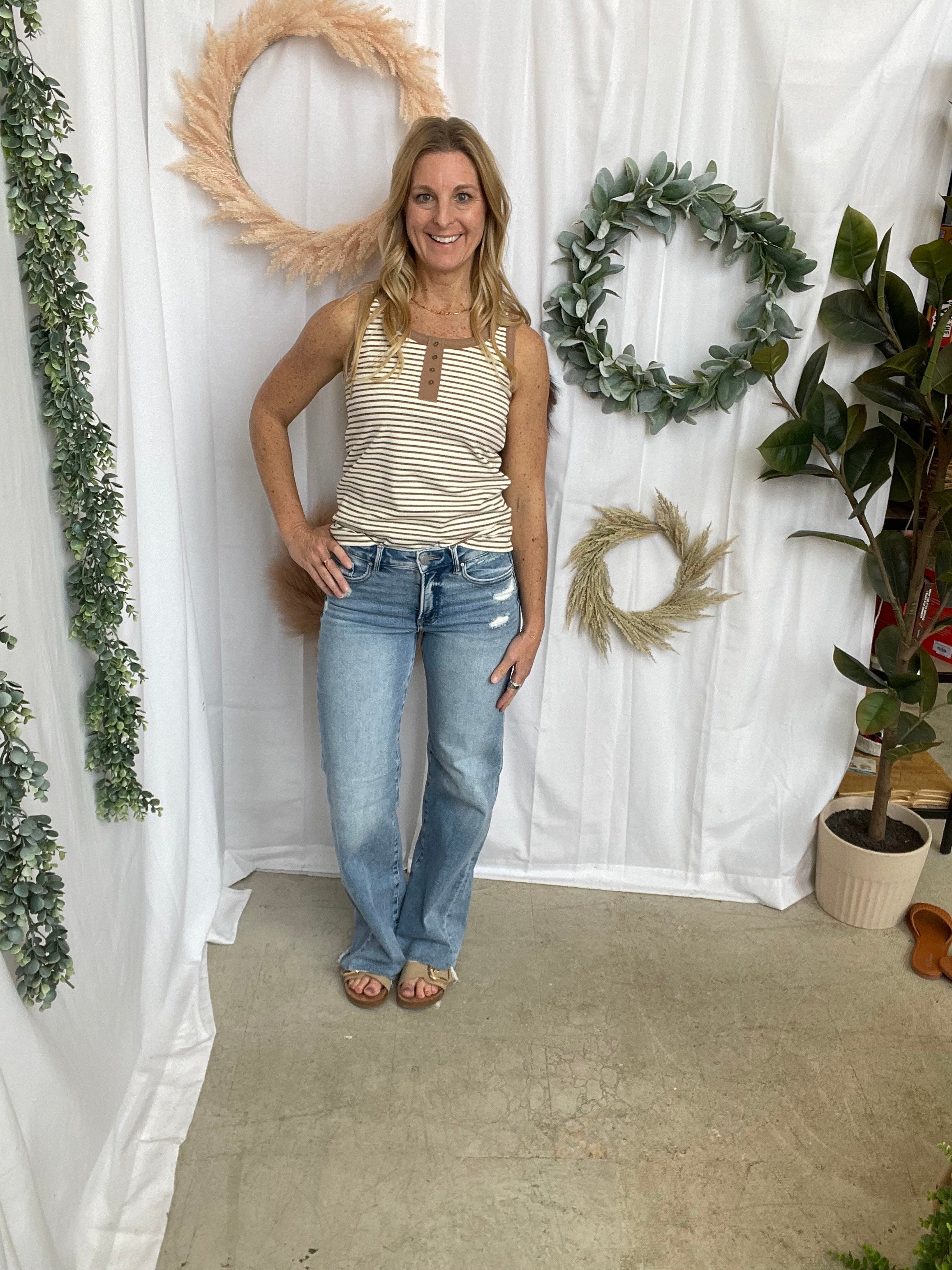 Sydni Taupe Stripe Tank Top-Tank Tops-staccato-The Silo Boutique, Women's Fashion Boutique Located in Warren and Grand Forks North Dakota