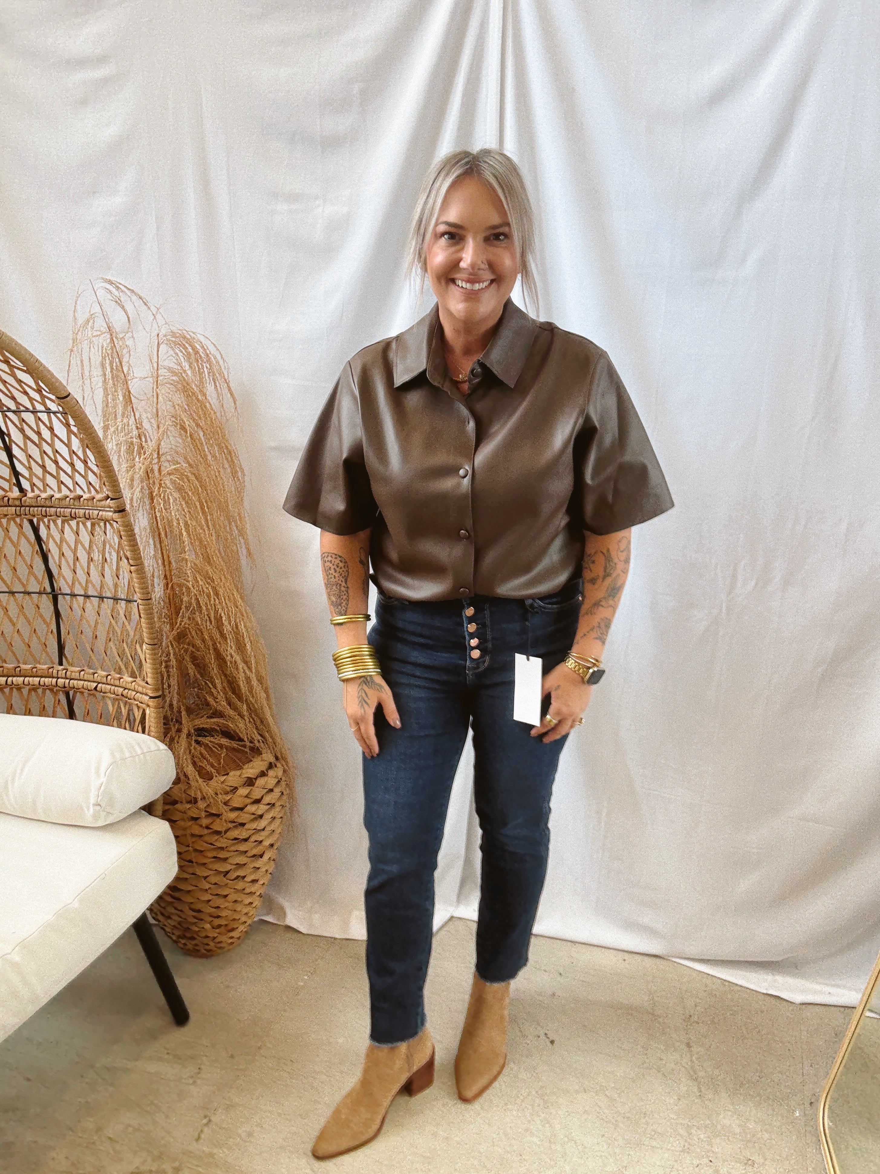 Leather Short Sleeve Button Down Top-Brown-Short Sleeve Tops-eesome-The Silo Boutique, Women's Fashion Boutique Located in Warren and Grand Forks North Dakota